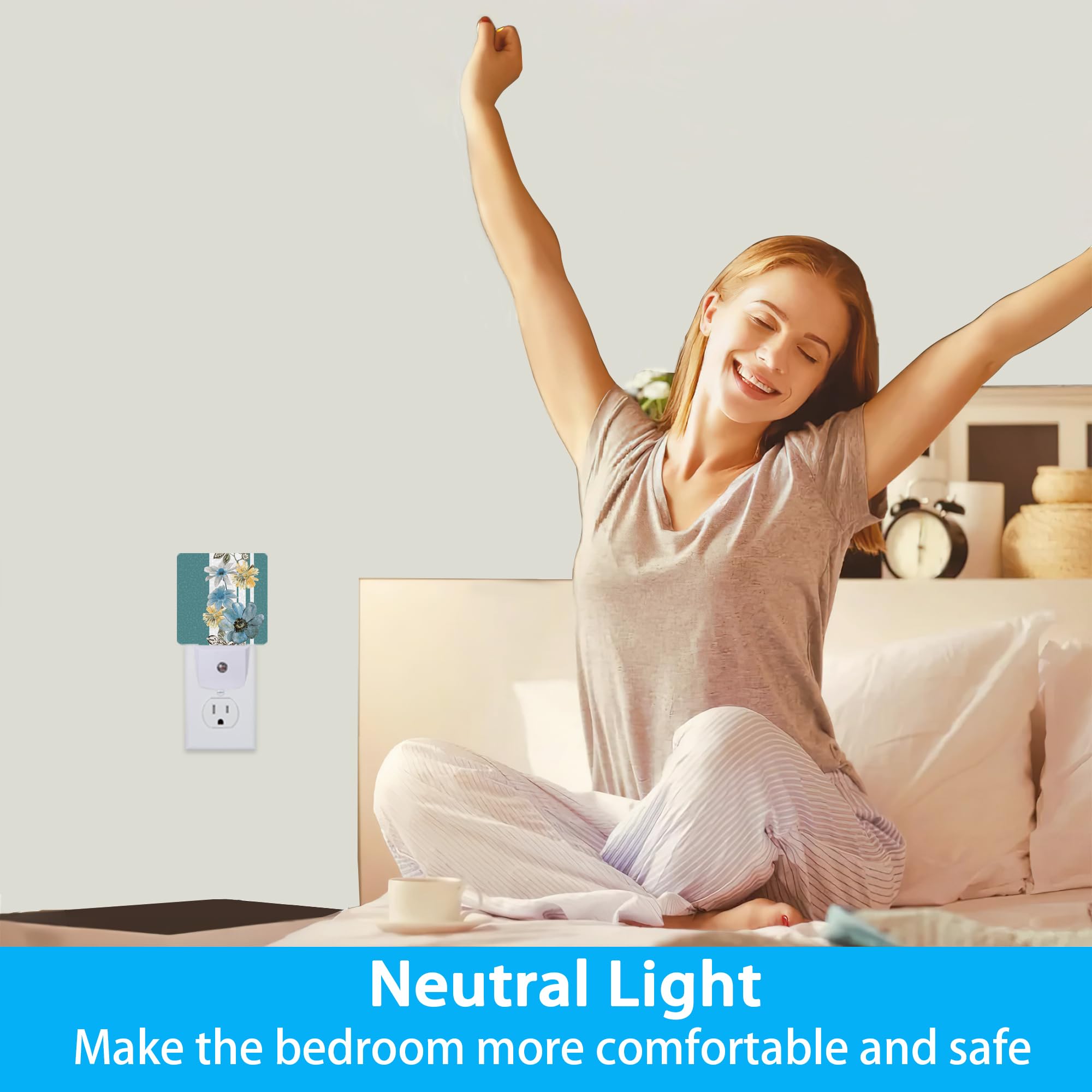 Meikosks Vintage Flowers Night Light,Blue White Stripes Night Lights Plug Into Wall Dusk To Dawn Sensor Led Lamp For Women Men,L