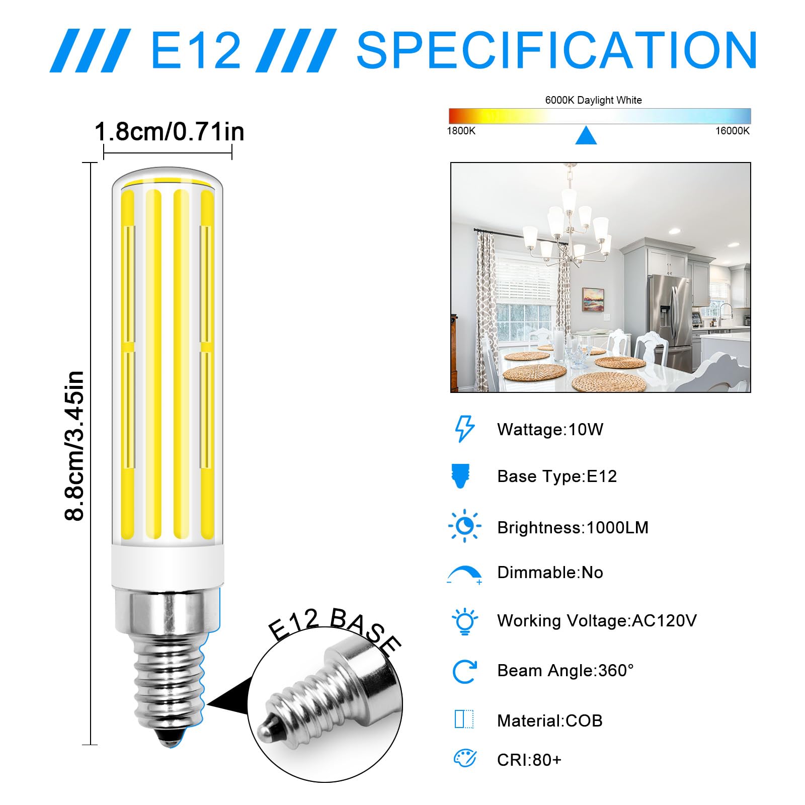 Tzhilan E12 Led Bulb 100W Equivalent,120V Cob E12 C7 Led Light Bulbs For Chandelier Light Candelabra Ceiling Fan, Cool White 600