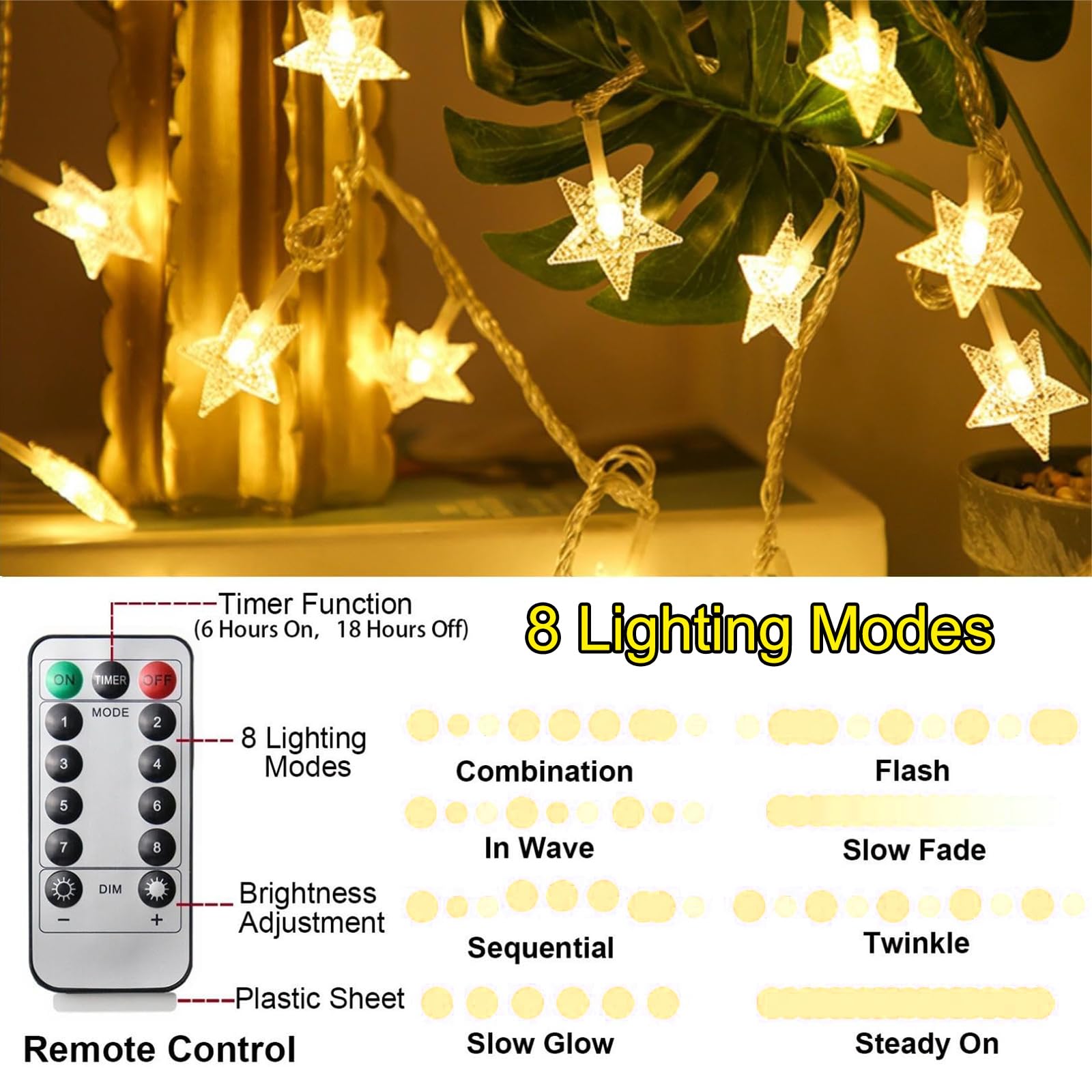 Christmas Star String Lights, 20 Ft 40 Led Battery Operated 8 Modes Timer Warm White Twinkle Lights Hanging Fairy Light For Bedroom Room Office Party Home Indoor Outdoor Xmas Decor Tree Decorations