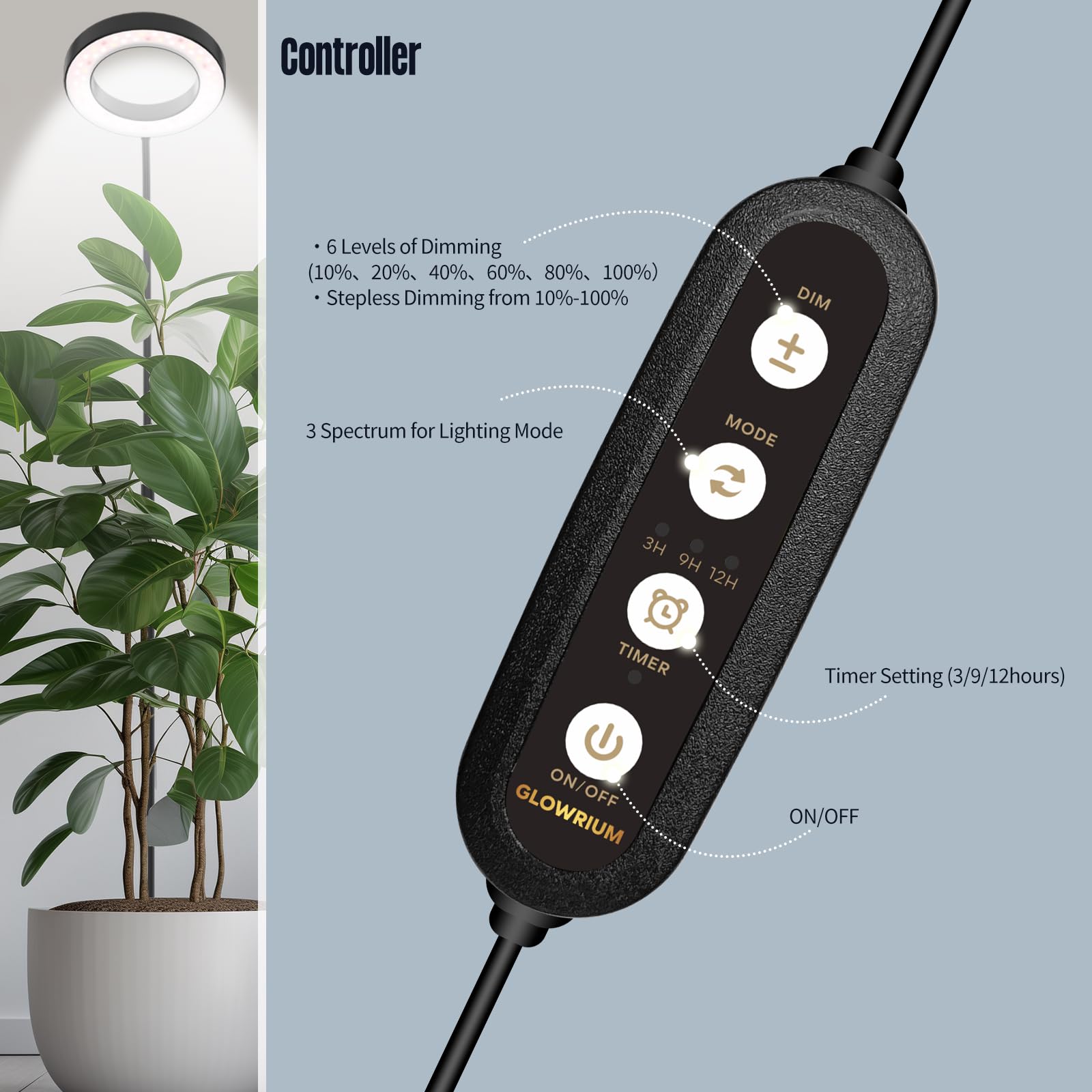 Glowrium Grow Lights For Indoor Plants, 20W Led Plant Grow Lights With Auto-Timer, Full Spectrum Adjustable Height Standing Plant Grow Lights, 3 Light Modes, 6-Level Dimmable (Black)