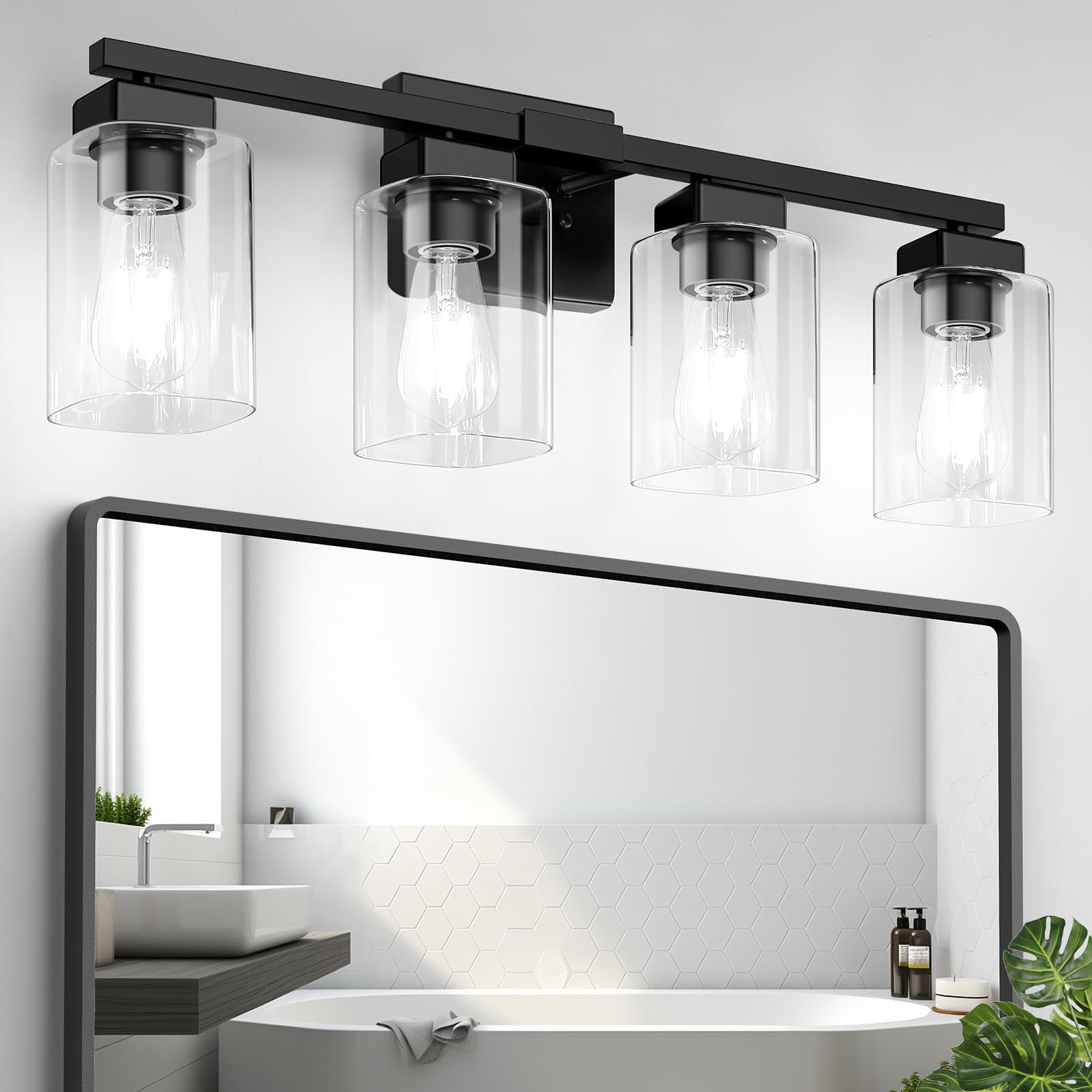 Beslowe 4-Light Bathroom Light Fixtures, Modern Black Bathroom Vanity Light, Bathroom Lighting Fixtures Over Mirror, Matte Black