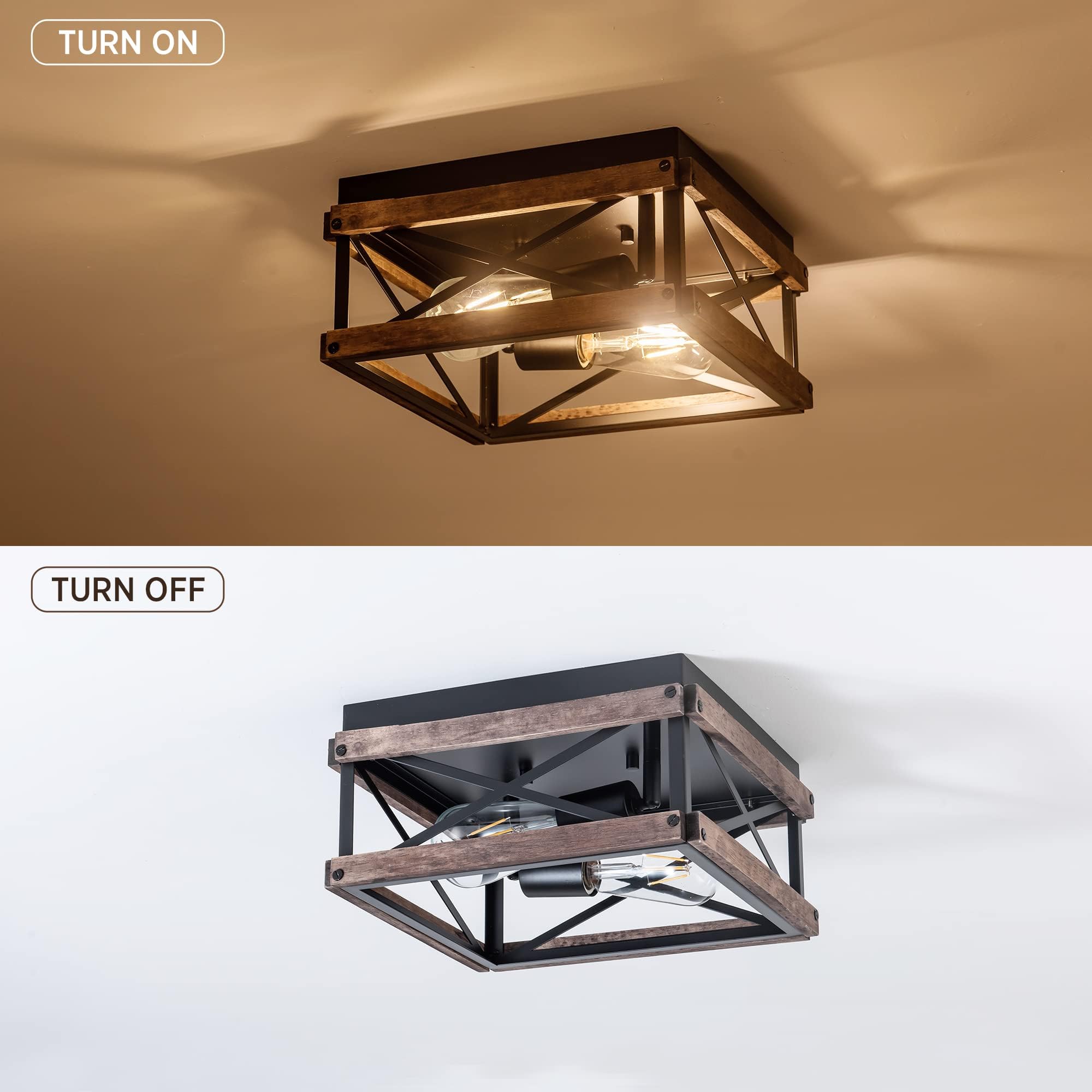 Mayna 2-Light Industrial Ceiling Light Fixtures, Farmhouse Flush Mount Ceiling Light, Metal And Wood Square Dining Room Light Fixture For Hallway Bedroom Balcony Farmhouse,Black