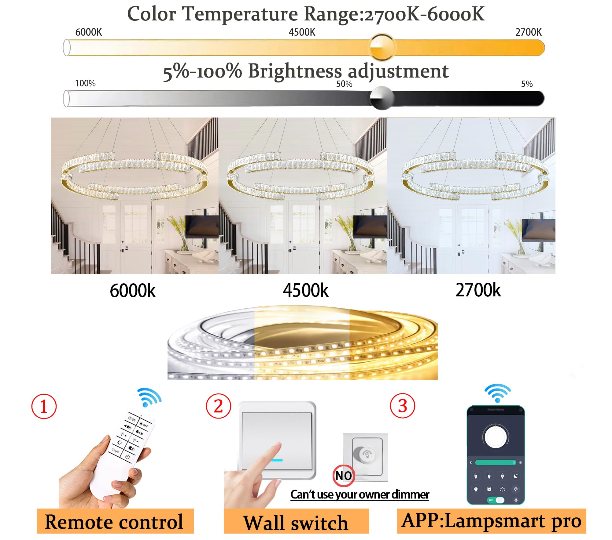 IDEQUY 40in Gold Crystal Ring Chandelier, Dimmable 3000K-6000K, Stainless Steel, Model CF8014-100J