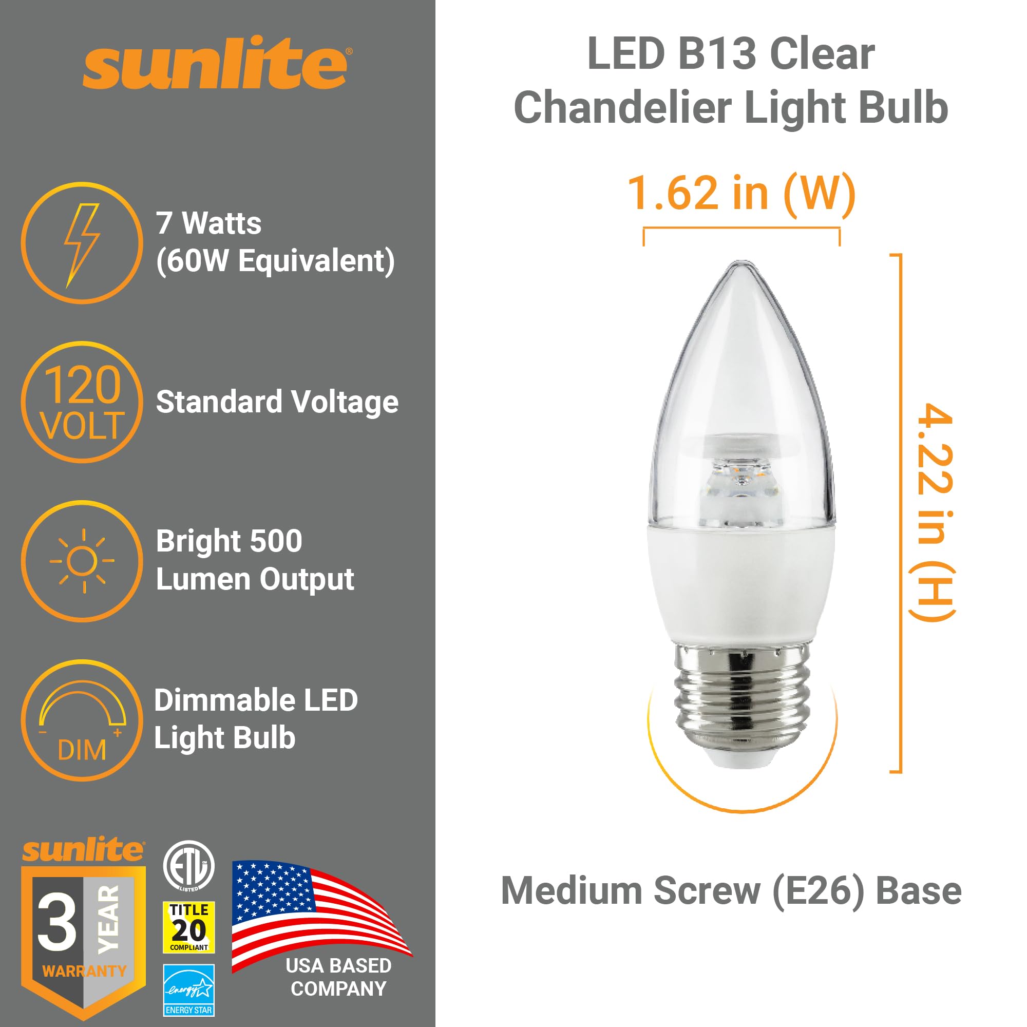 Sunlite Led B13 Torpedo Decorative Chandelier Light Bulb, 7 Watts (60W=), 500 Lumens, 120 Volts, Dimmable, E26 Base, Energy Star
