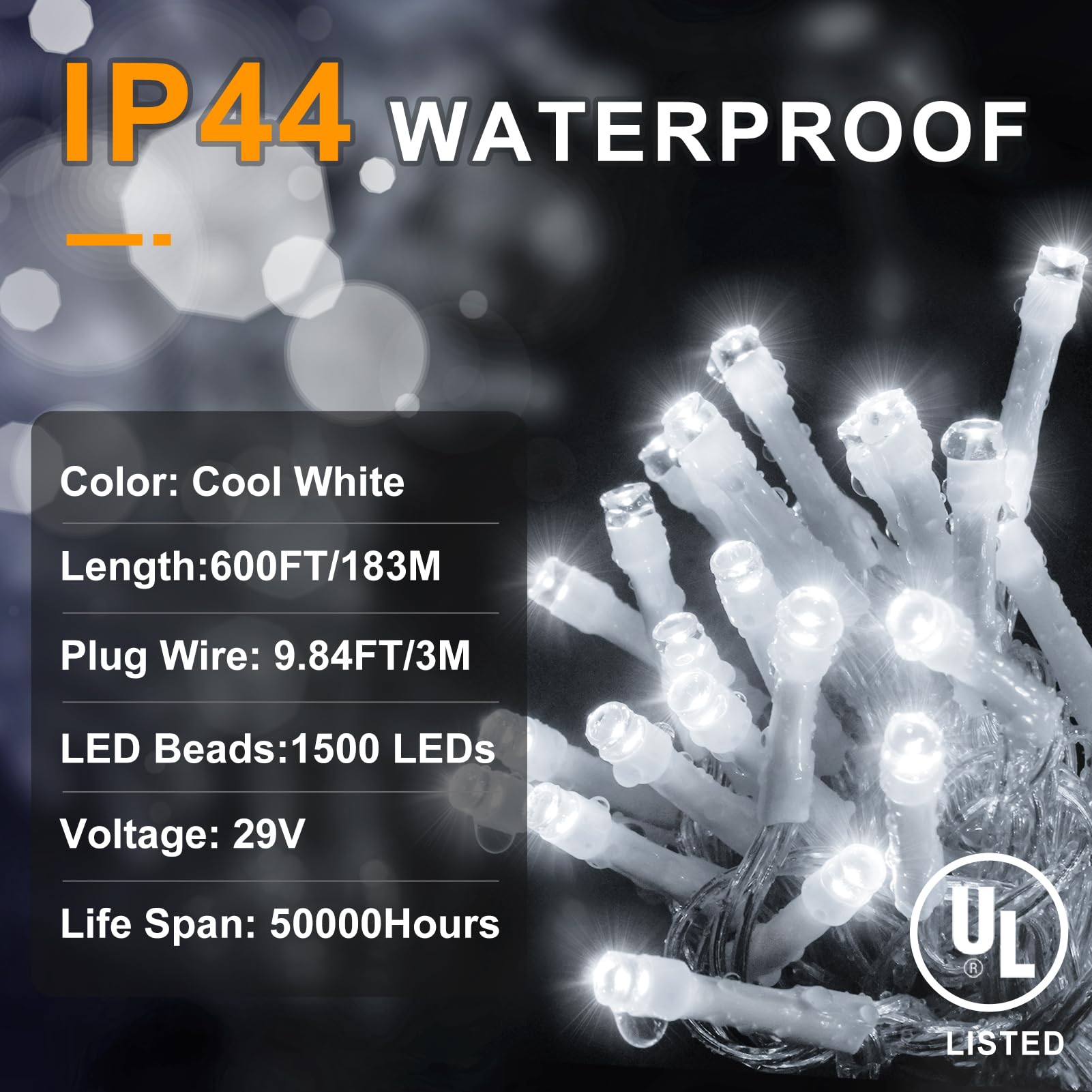 KNONEW LED String Lights 600ft 1500 Lights Waterproof Fairy Light Cool White, 8 Modes & Timer, Model KN-1000-LIG168-01