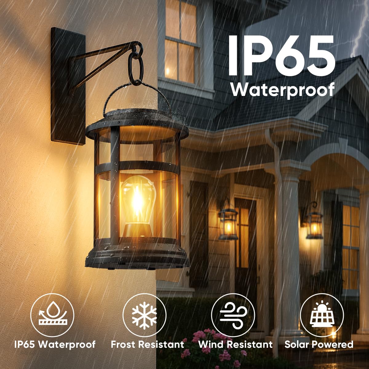 NFEVER Solar Lanterns - 4 Pack Waterproof Hanging Outdoor Lights, Warm White LED, Black Plastic, Model HUNA-LAN-4P for Patio & Garden Decor