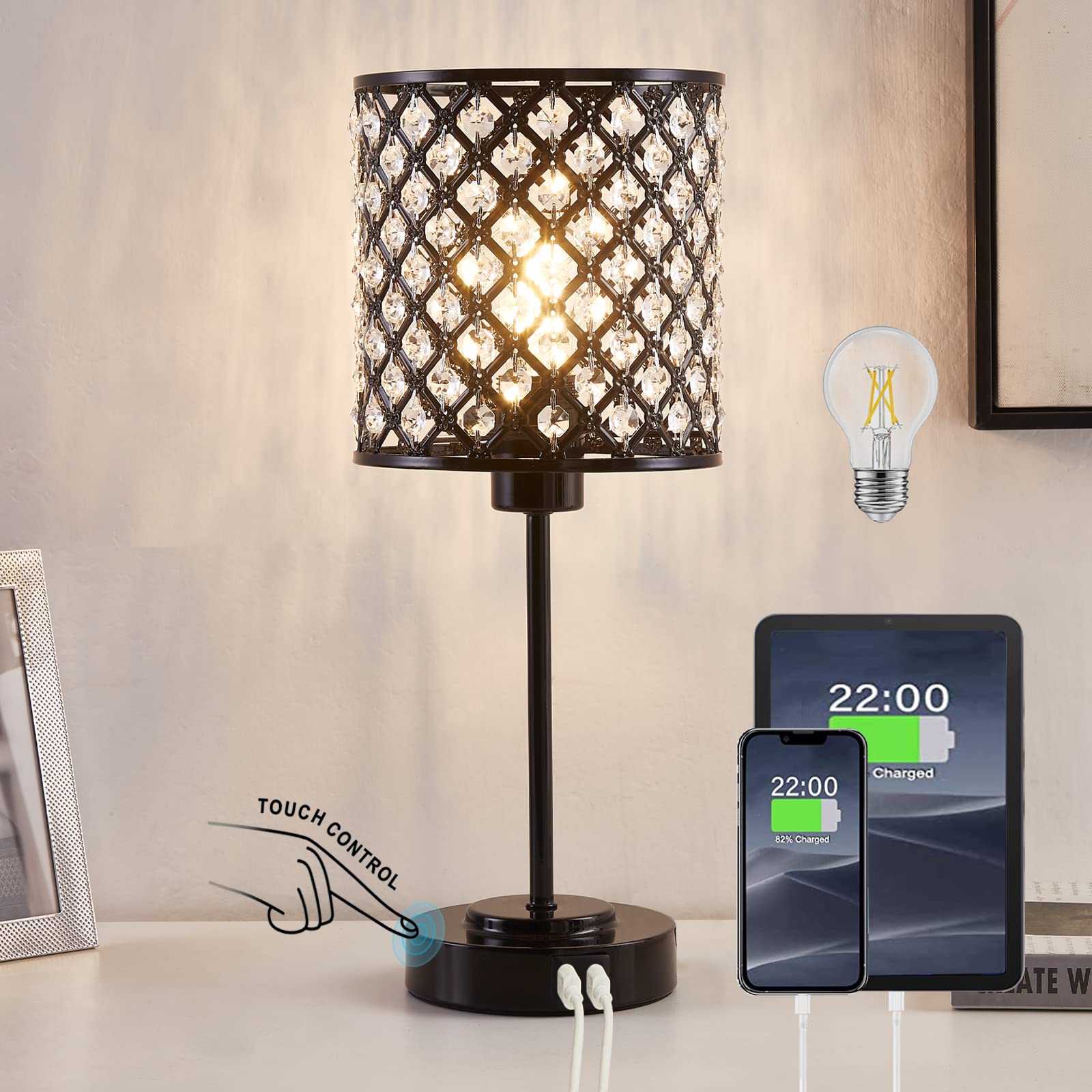 Rayinight Crystal Touch Control Table Lamp With 2 Usb Charging Ports, 3-Way Dimmable Black Crystal Table Bedside Lamp Nightstand