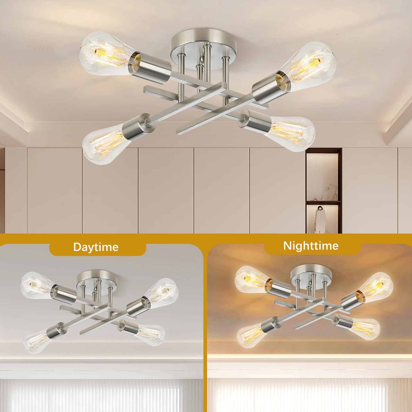 Ceiling Light  Dining Room Light Fixture With E26 Base  Semi Flush Mount Ceiling Light Fixture  Kitchen Lighting Fixtures Ceiling  4-Light Matte Nickle Chandelier For Bedroom