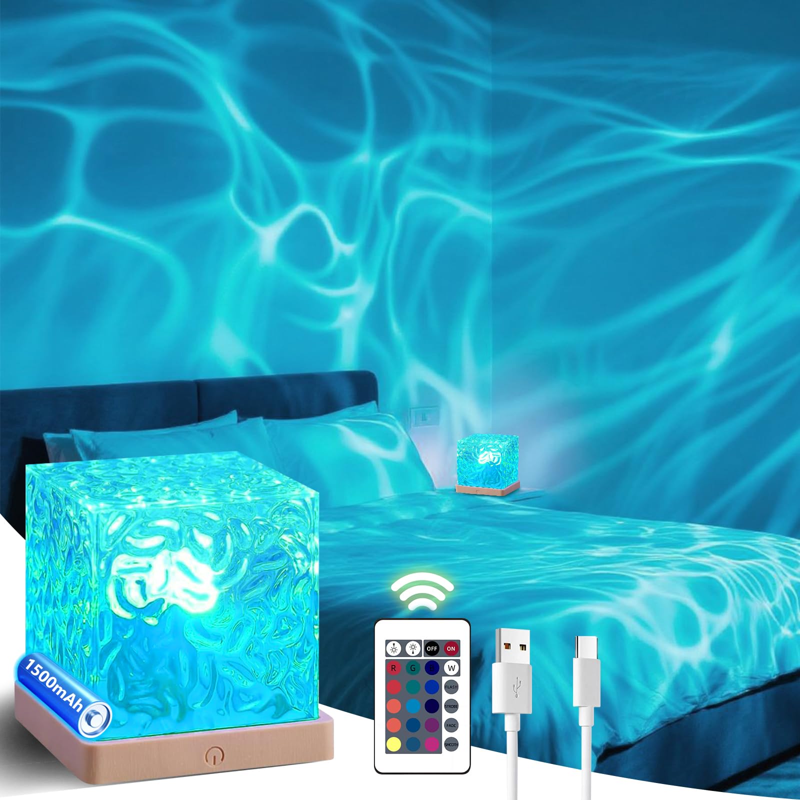 HESUSLA Ocean Wave Lights Projector Rechargeable, Touch Cube Color Changing Light with 16 Colors 4 Modes Dimmable Cordless Mood 