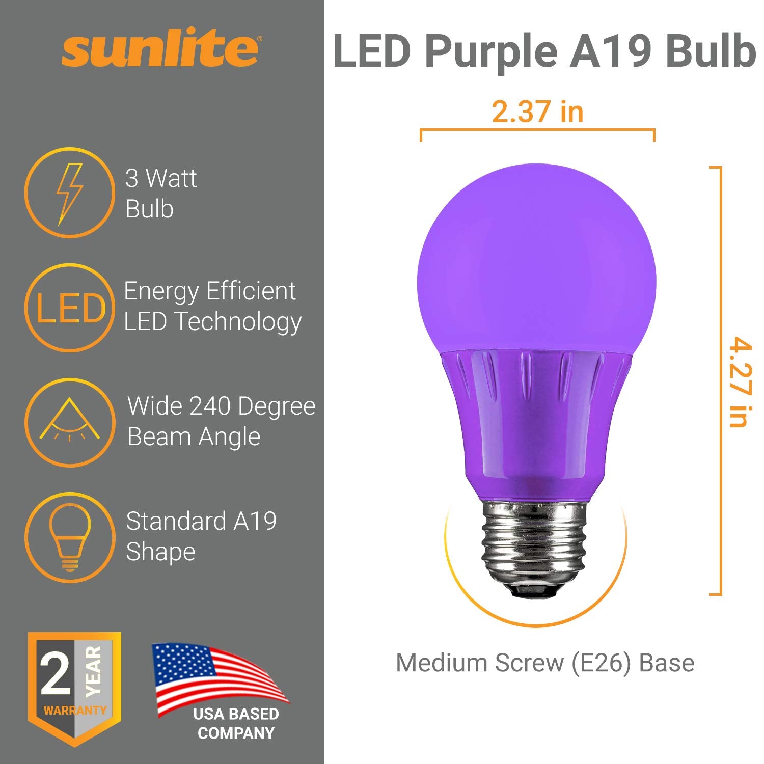 Sunlite LED A19 Colored Light Bulb, 3W (25W Equivalent), E26 Base, Non-Dimmable, Purple, 6 Count, Model 40946