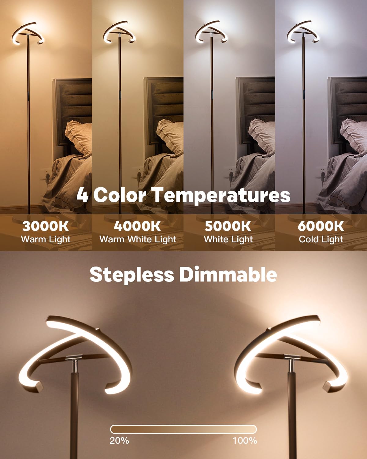 Sibrille Brown Floor Lamp, Modern Stepless Dimmable Standing Lamp With Remote Control, 22W 3000-6000K Led Rotatable Floor Light