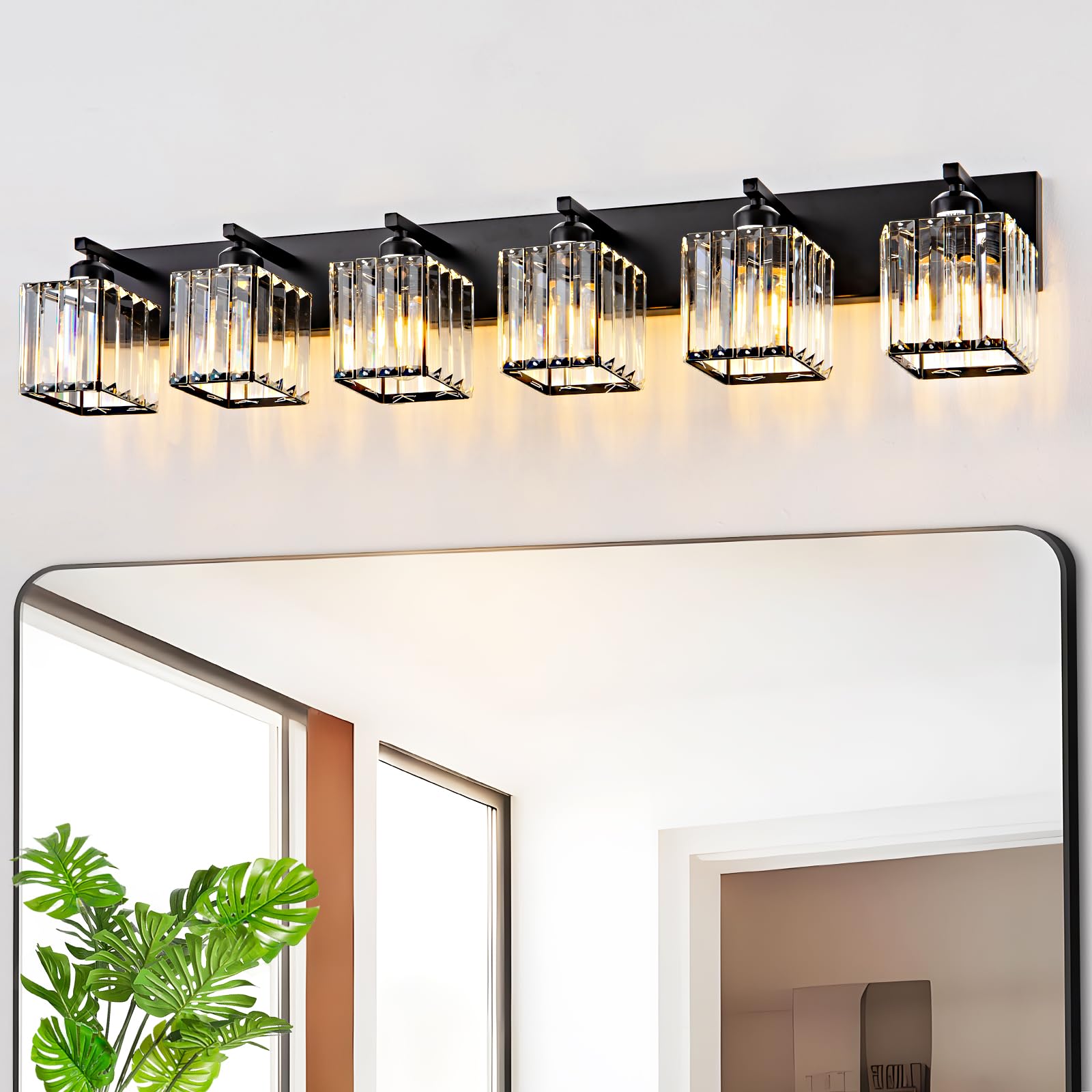 Aixialin 6-Light Black Metal Bathroom Vanity Light Fixture, Modern Crystal Design, Over Mirror Wall Sconce, Model 600-100-1015
