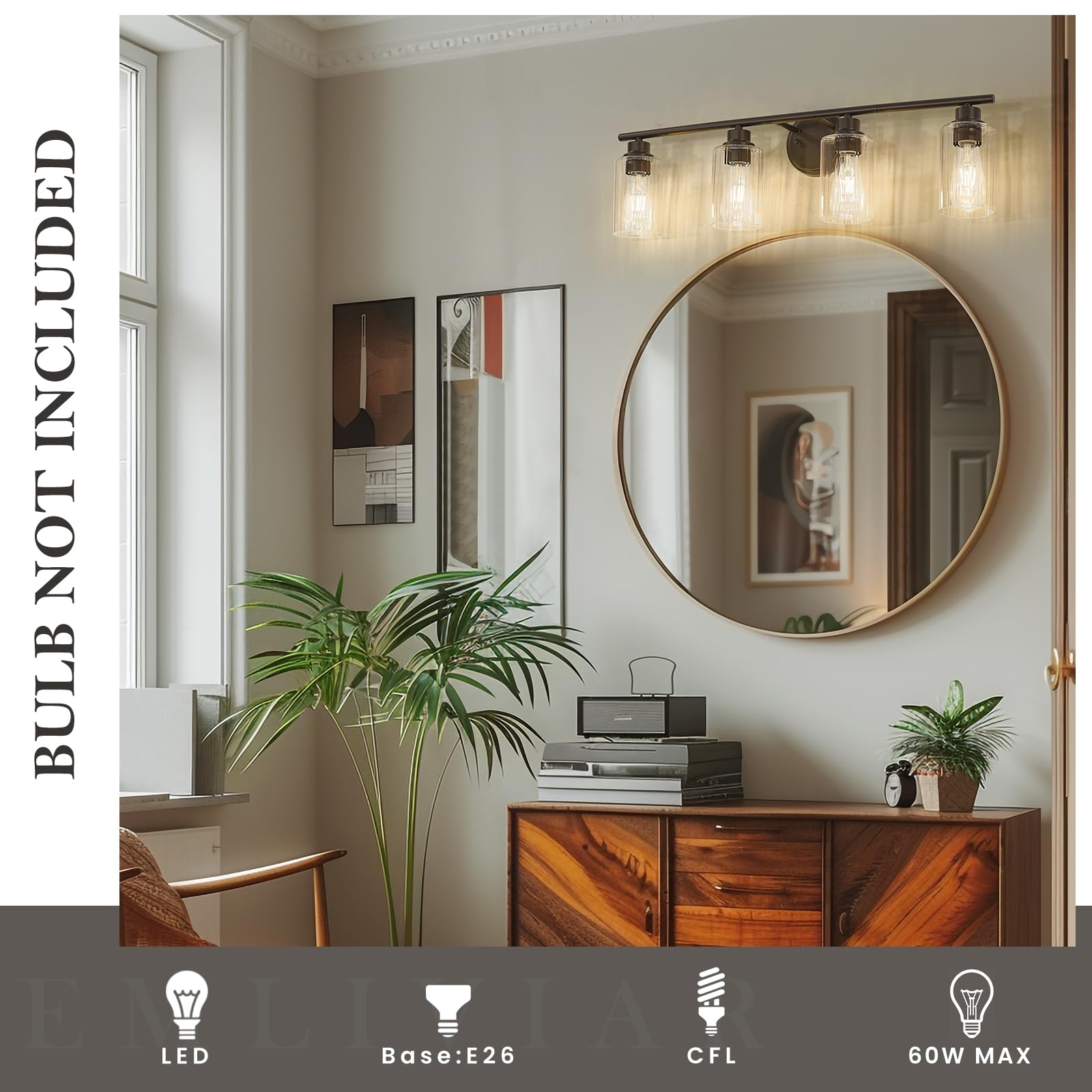 Emliviar 4-Light Modern Vanity Light Fixture, 31" Fluted Ripple Glass, Oil Rubbed Bronze Finish, Model YE295B