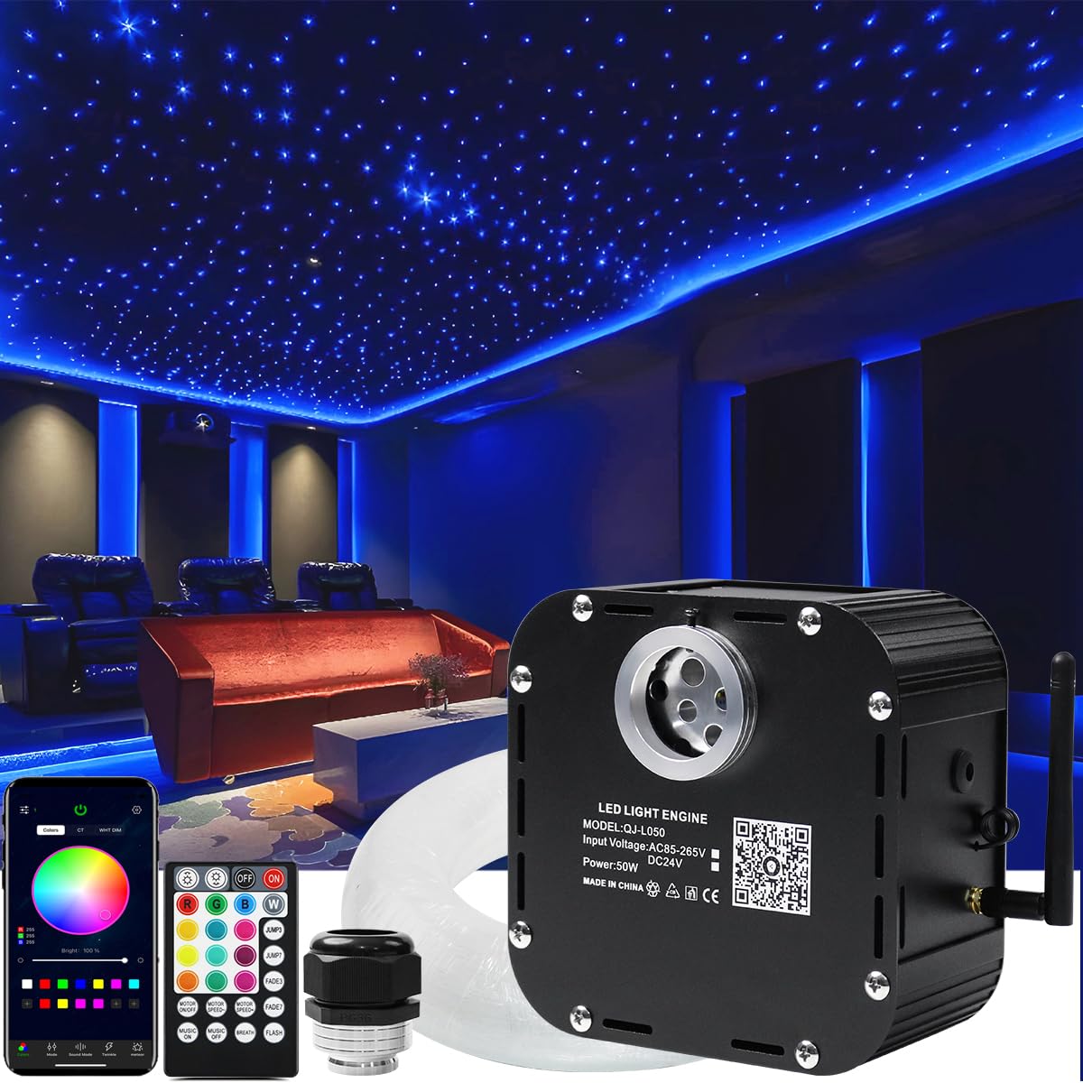 AZIMOM Fiber Optic Starlight Kits, 50W, 800pcs, 0.03in x 13.1ft, Sound Activated, Bluetooth Control, Black, Model Q