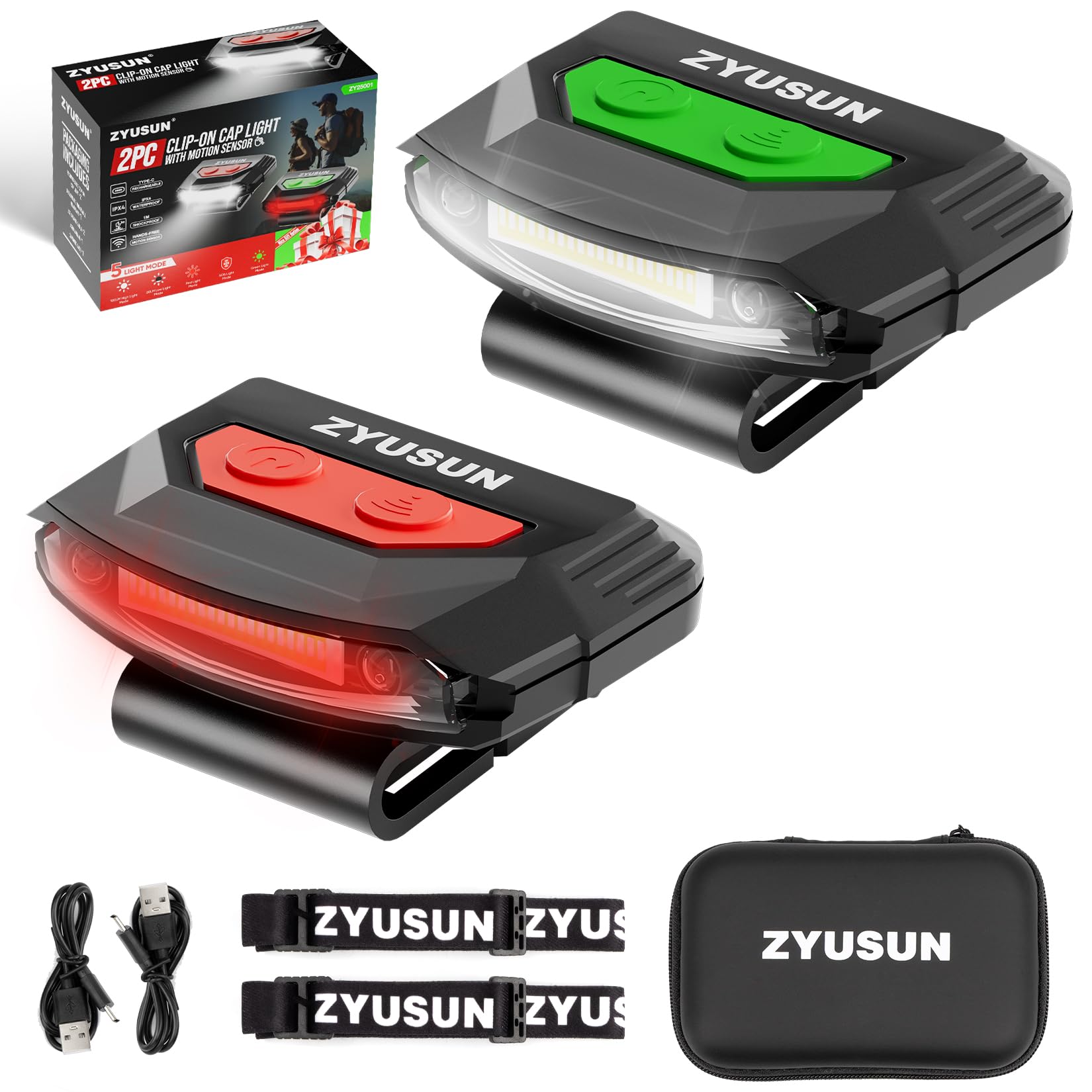 Zyusun 2-Pack Rechargeable Cap Light Portable headlamps Clip on Hat with Motion Sensor Lightweight IPX4 Waterproof White/Red/Green Night Vision LED Lights for Hunting Fishing Camping Hiking Cycling