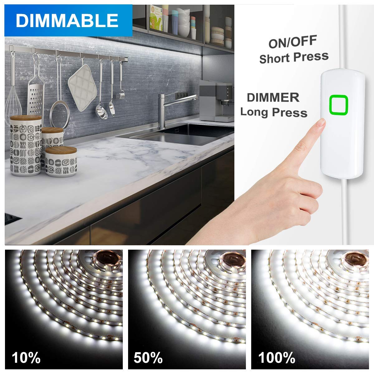 MYPLUS 32.8FT Dimmable LED Strip Lights, 600 LEDs, Cold White 6500K, Flexible Under Cabinet Lighting for Room and Kitchen