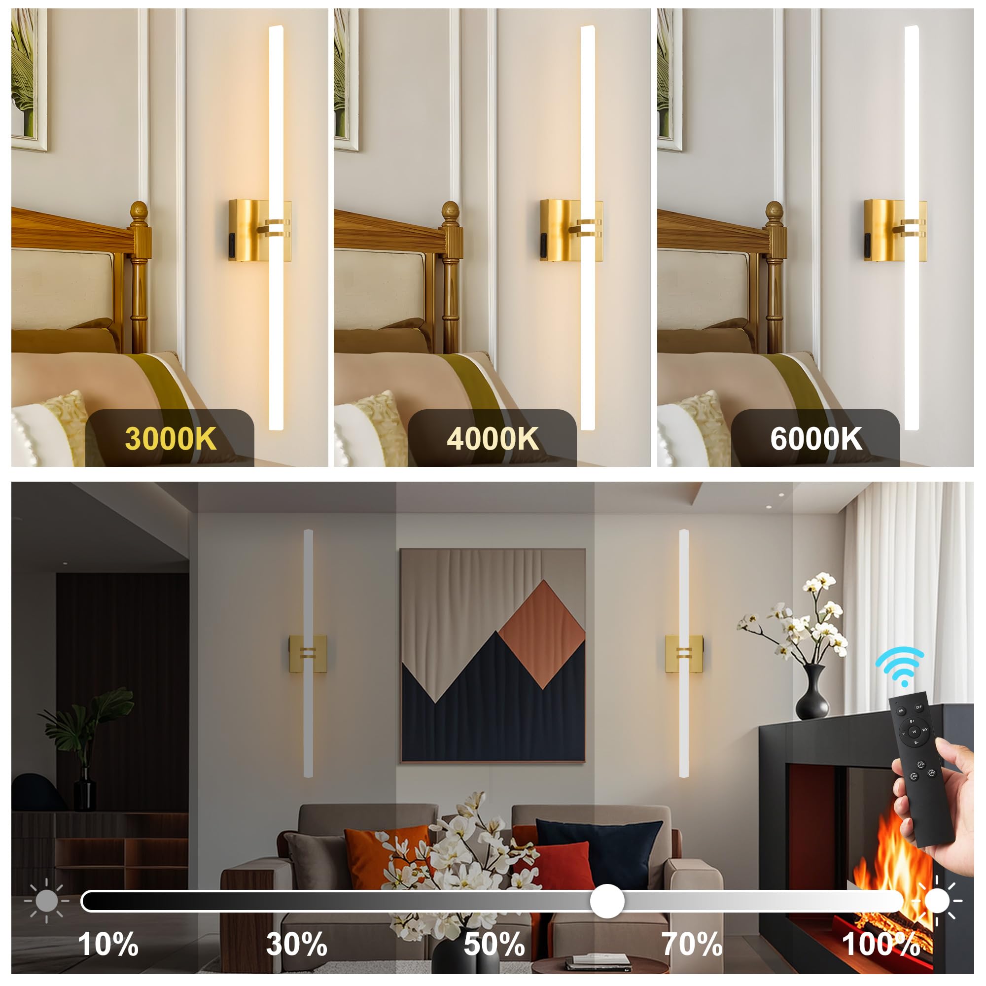 Eicrkodn Battery Operated Wall Sconce, Gold Rechargeable Wall Lights with Dimmable Remote Control, 31.5 Inch 3000K-6000K LED Wir