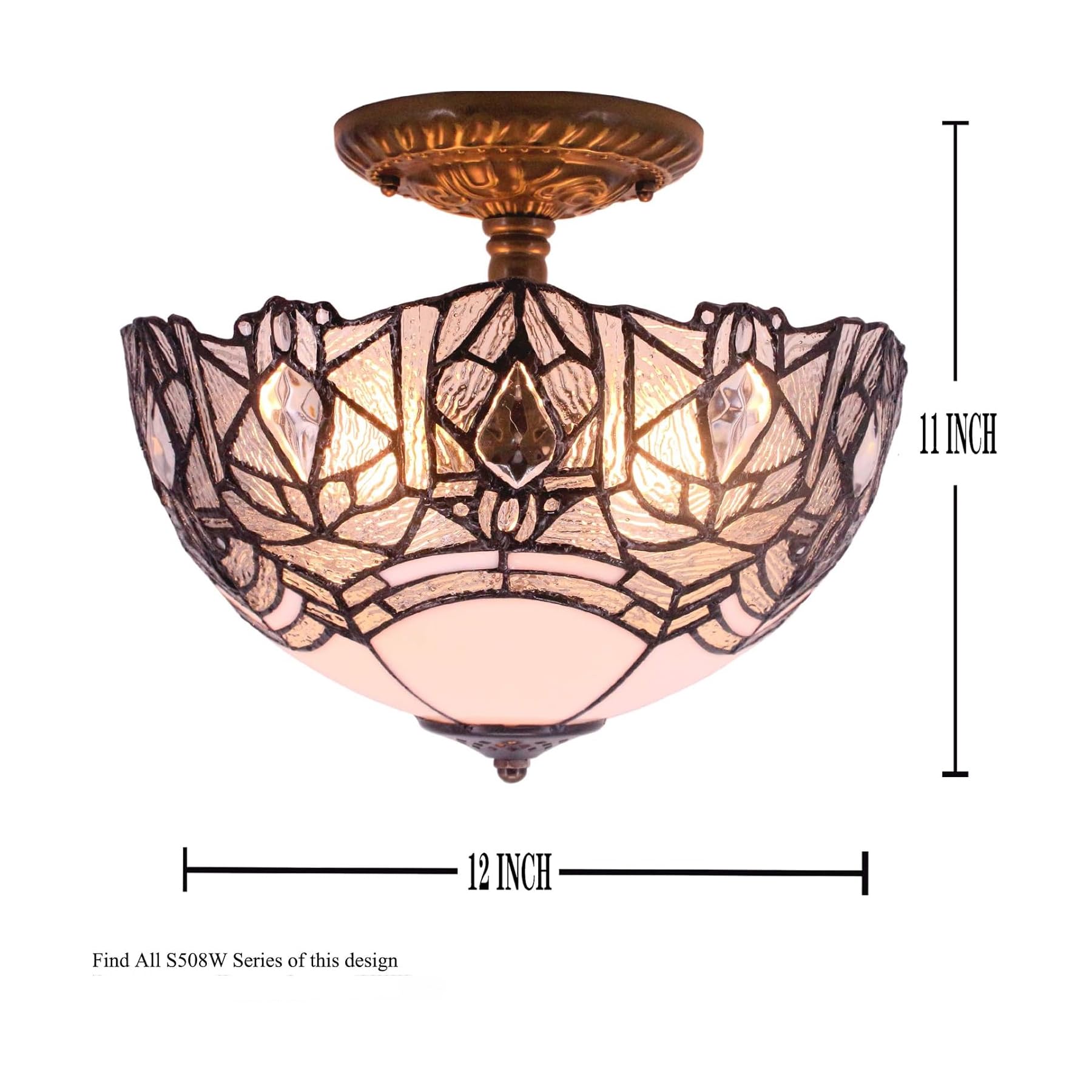 Werfactory Tiffany Ceiling Light Fixture, Crystal Bead, 12X11 Inch, White Stained Glass, Semi Flush Mount, S508W Series