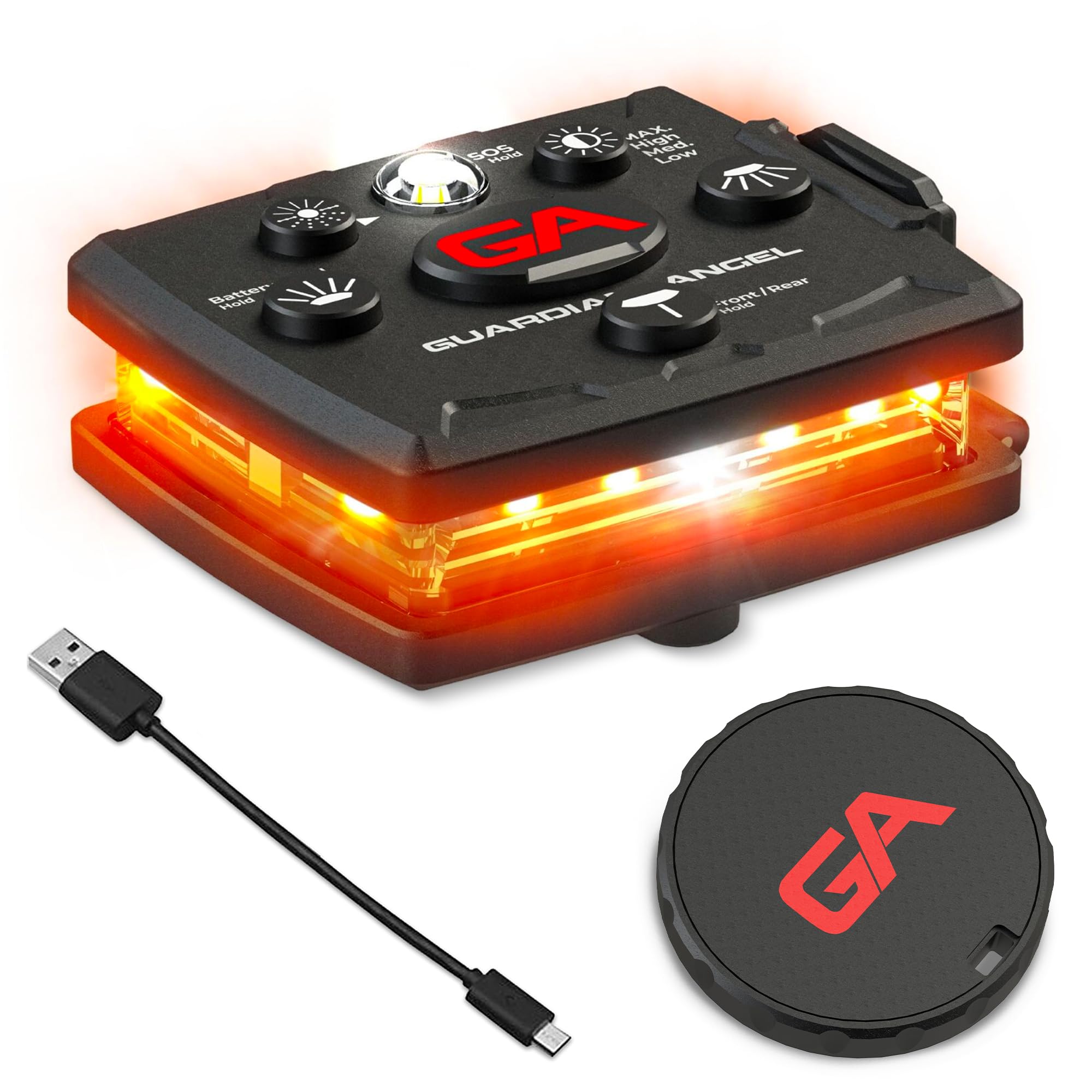 Guardian Angel Micro Series Safety Lights, Beacon Device (Orange Front & Orange Rear) | Rechargeable, Magnetic, Hands-Free Weara