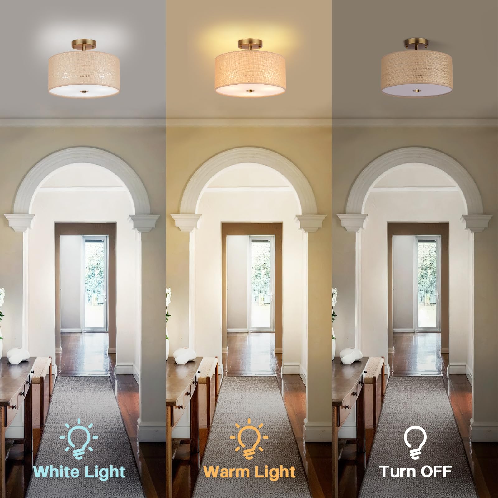 Clarsyne 13 Boho Woven Rattan Ceiling Light Fixture  3-Light Semi Flush Mount Modern Drum Lamp With Beige Fabric Shade  Rustic Lighting For Bedroom  Living Room  Dining Room  Hallway And Entryway