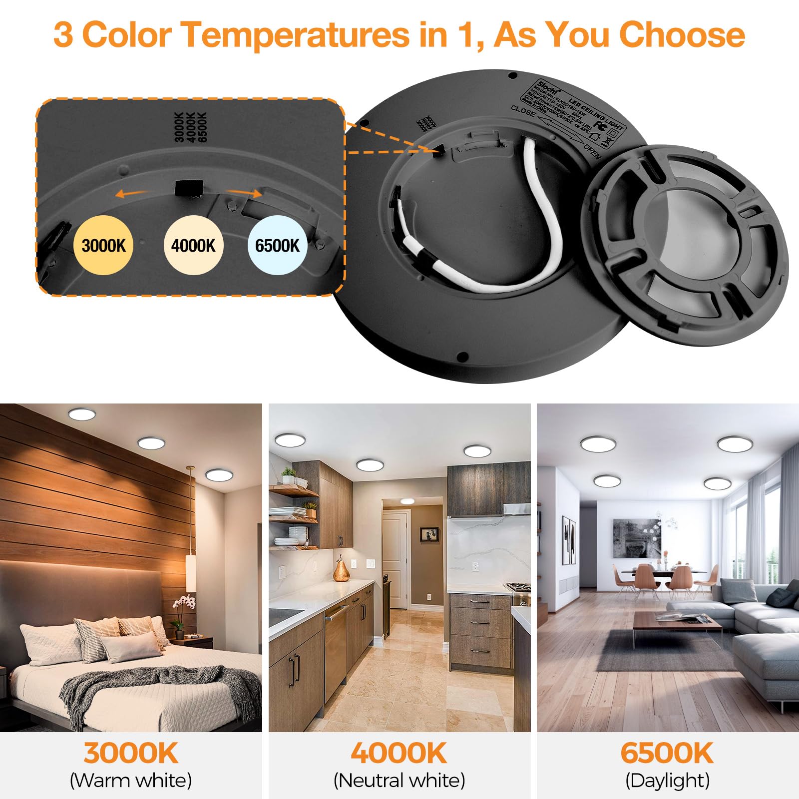 slochi 6 Pack Flush Mount Ceiling Light, Ultra Thin 7.5 Inch, Adjustable 3000K-4000K-6500K, Black, Plastic