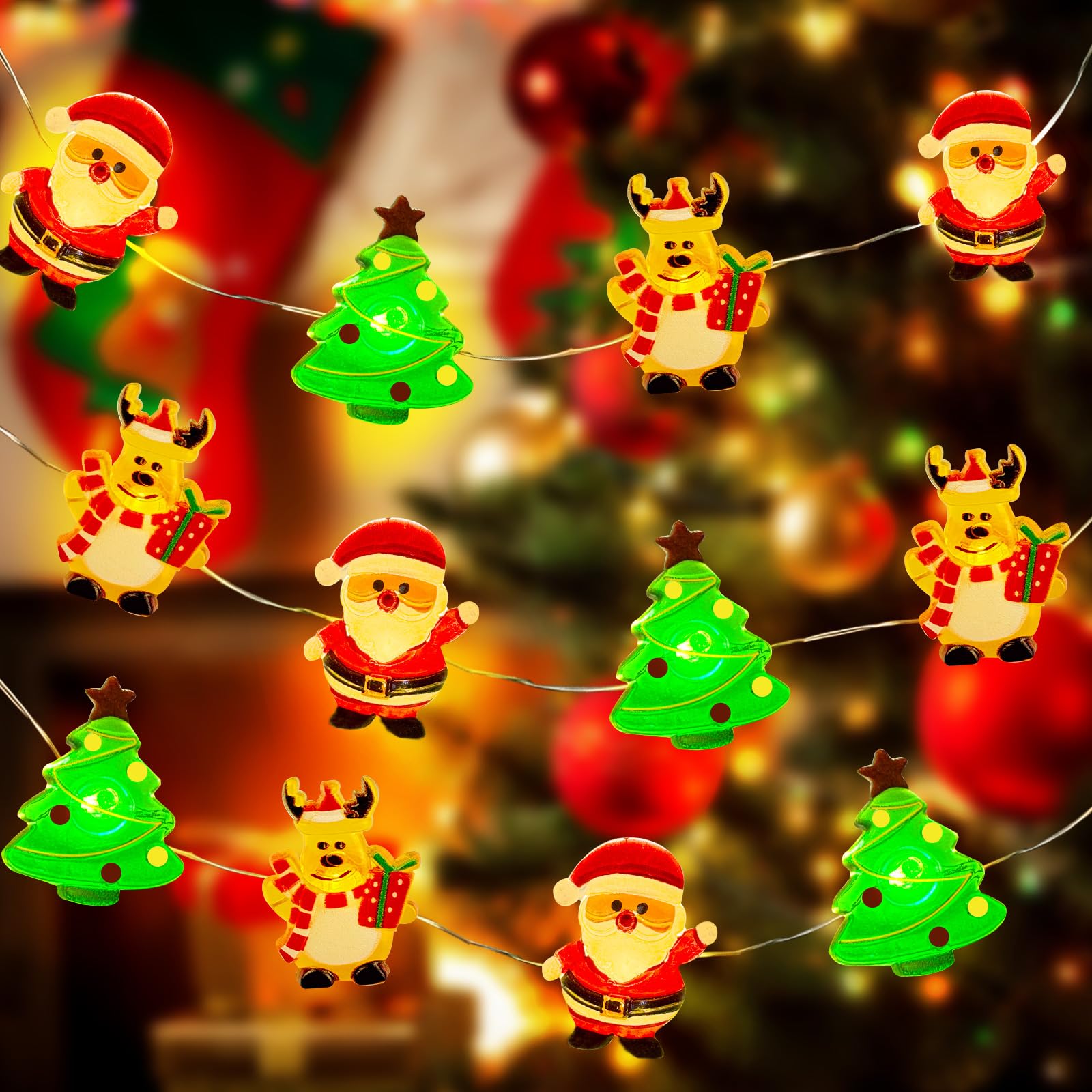 Aogist 50Led Christmas Fairy Lights - 16Ft Super Bright 3D Santa Claus Christmas Tree Deer String Lights Battery Operated Decor For Indoor/Outdoor Party Home Bedroom Yard Windows Doors Winter Decor