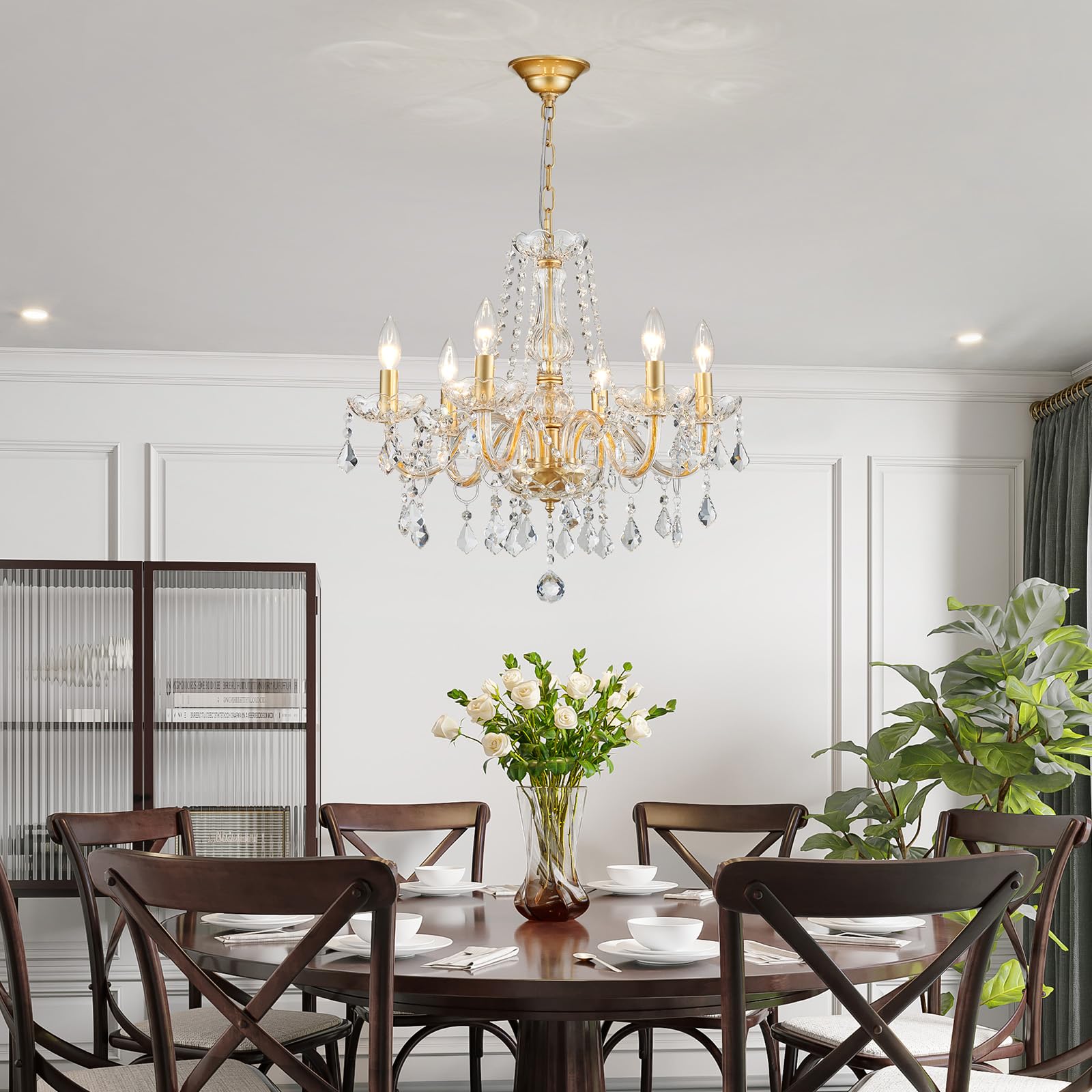 Crystal Chandelier Light Fixture, Modern K9 Crystal Chandeliers For Dining Room, 6-Lights Gold Ceiling Light, Adjustable Hanging