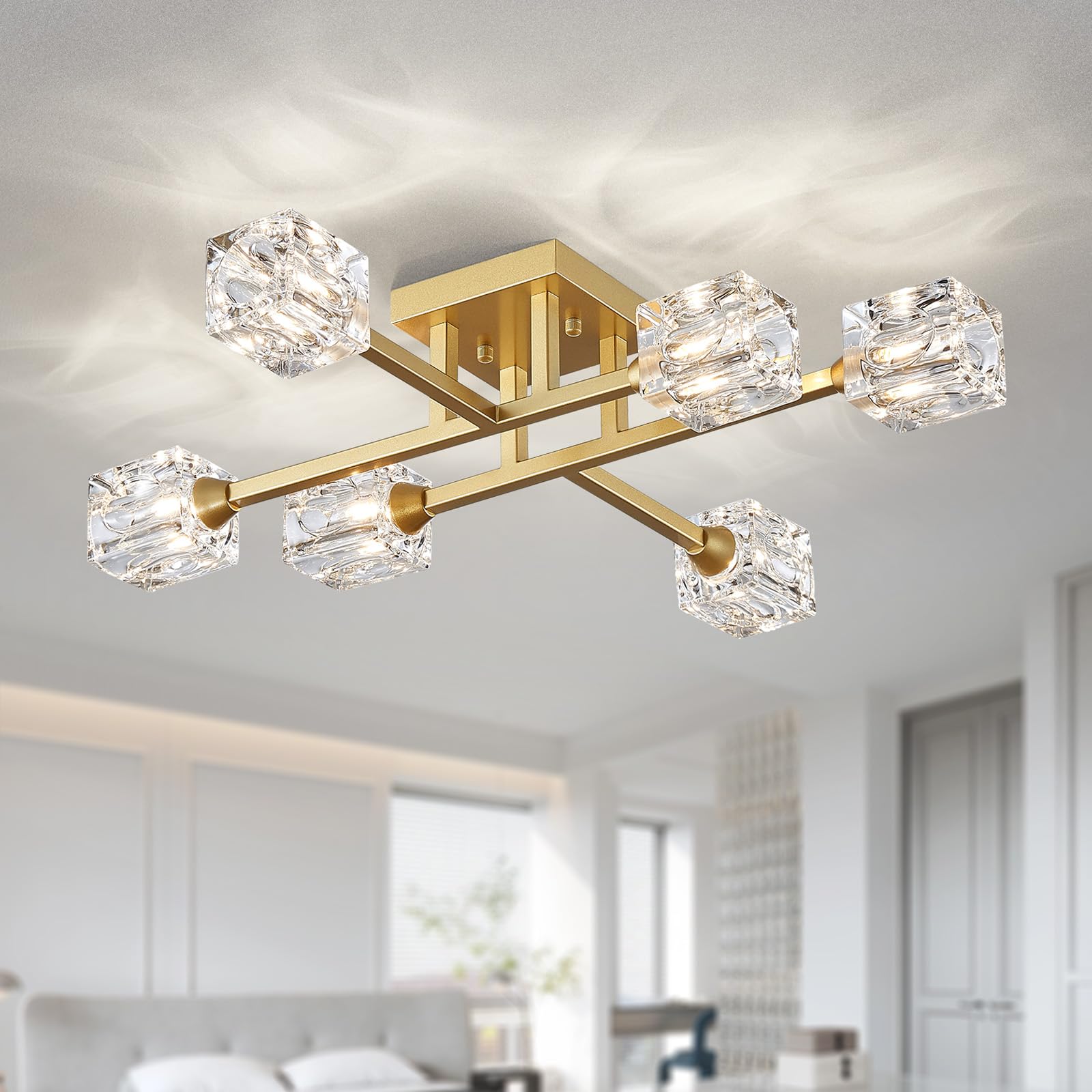 XINGQI Modern Ceiling Light Sputnik 6-Light Semi Flush Mount Ceiling Light Fixtures, Mid Century Antique Gold Chandeliers for Be