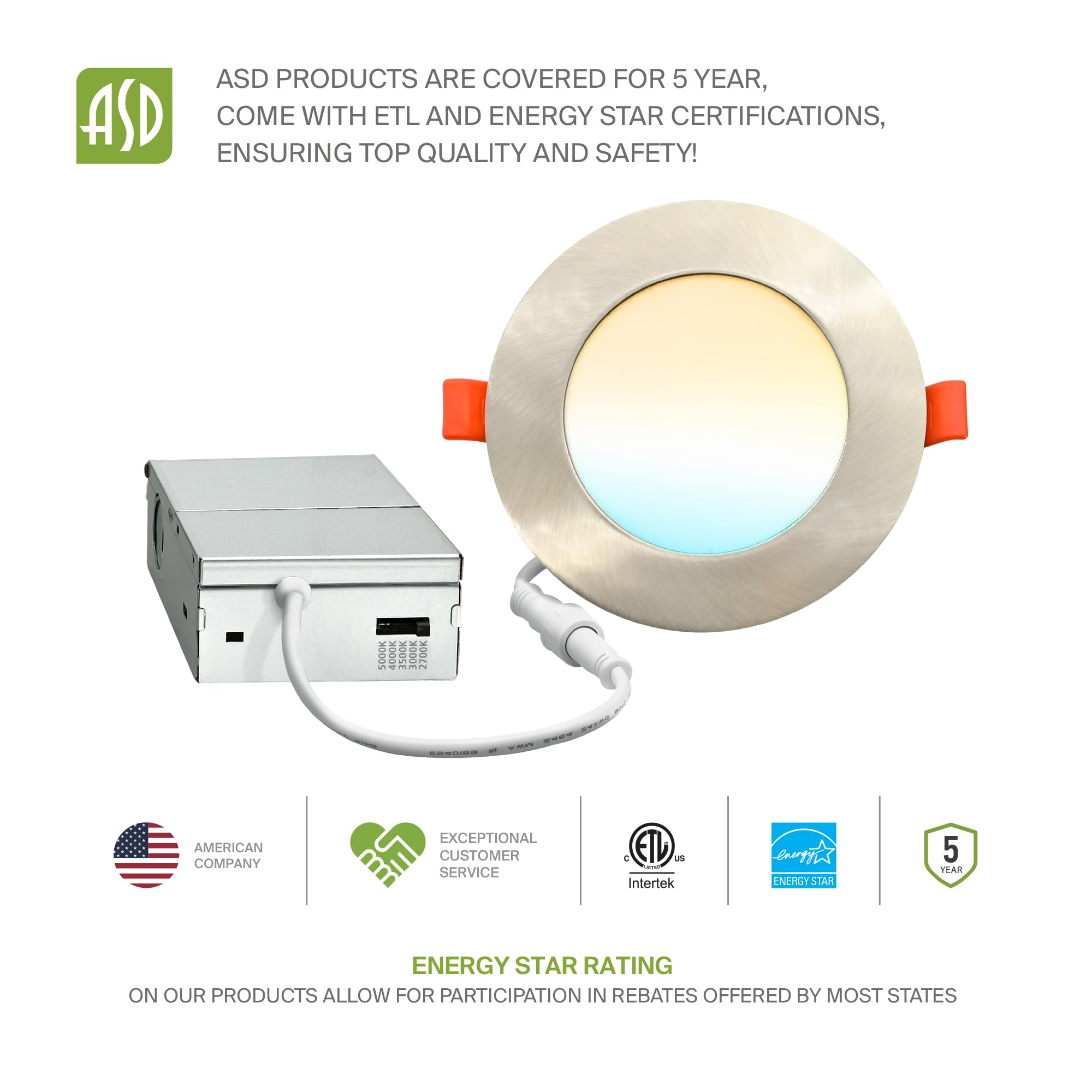 Asd 6 Pack Led Recessed Lighting 4 Inch 9W  5 Cct 2700K-5000K Cri90+  Ic Rated Ultra Thin Dimmable Ceiling Lights With J Box  Canless Wafer Downlight  Round Slim Panel Light  Energy Star Etl  Nickel