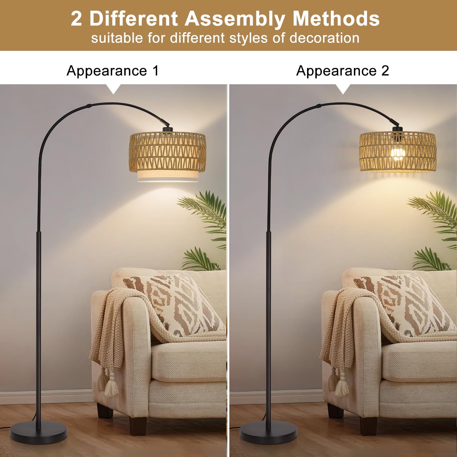 Rattan Floor Lamp, Arc Floor Lamps For Living Room, Farmhouse Standing Lamp With Adjustable Hanging Fabric Shade, Tall Pole Lamp
