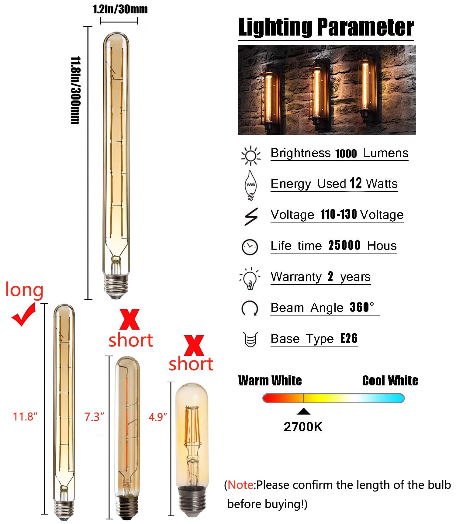 HXMLS Dimmable LED Tubular Bulb, 12W, T30 Vintage Filament, 2700K Warm White, Amber Glass Cover, E26 Base, 4-Pack