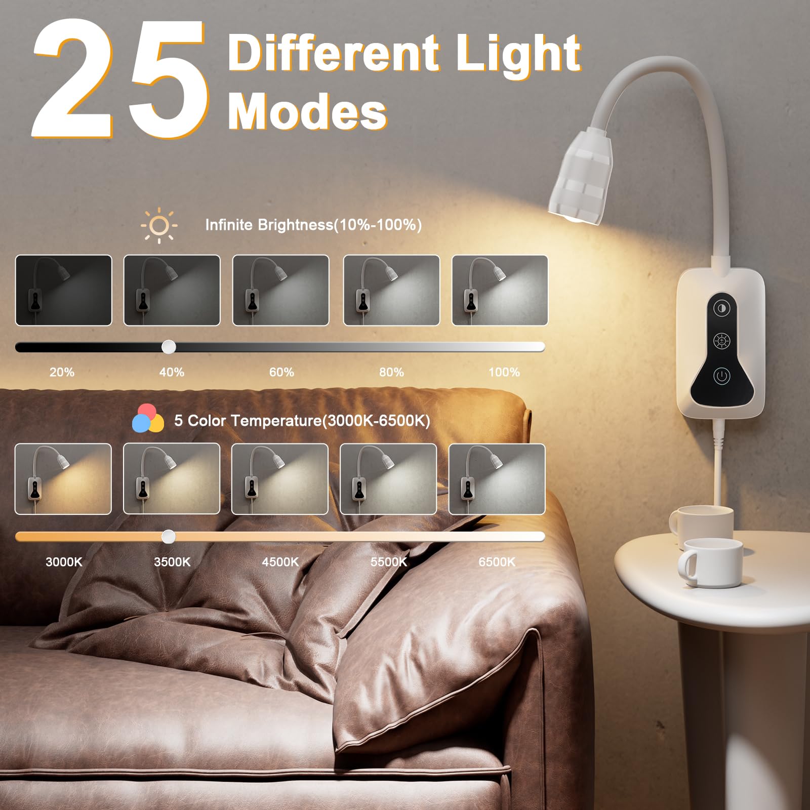 Huaeu 2 Pack Wall Mounted Headboard Reading Light, Led Dimmable Touch Control, Flexible Gooseneck, Ideal For Bedside, Office, Or