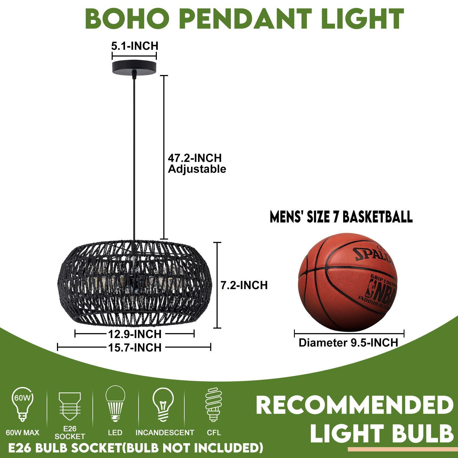 Black Boho Hanging Light Fixture Rattan Chandeliers Drum Pendant Lights For Dinning Room Wicker Chandelier Ceiling Hanging Light