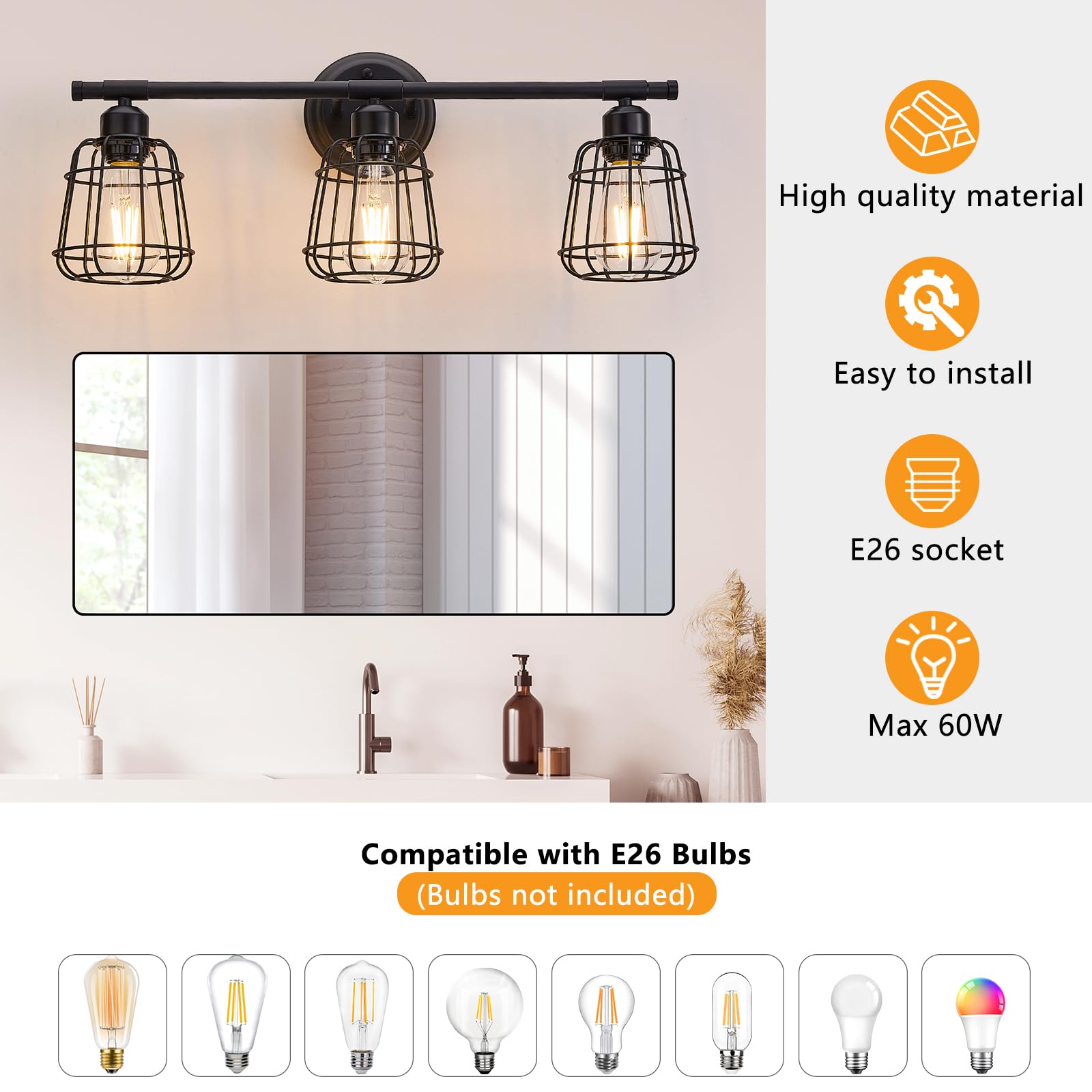 Elibbren 3-Light Bathroom Vanity Light, Matte Black Metal Cage Fixtures, E26 Base, UL Listed, Model xinlongzi_cggz
