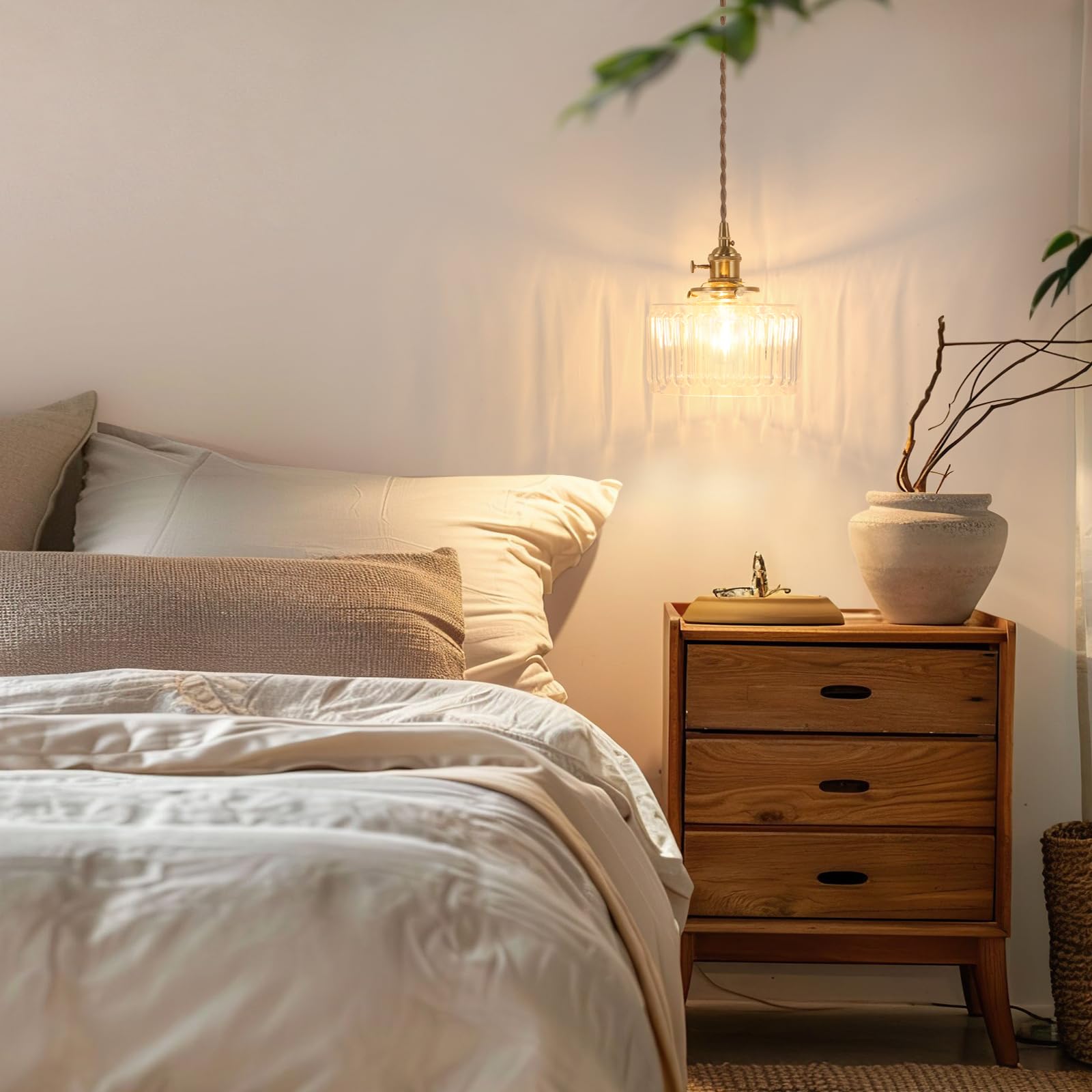 Shenmoyl Pendant Light With Clear Striped Glass Lmapshade, Brass Vintage Pendant Light Adjustable Hanging Light For Kitchen Isla