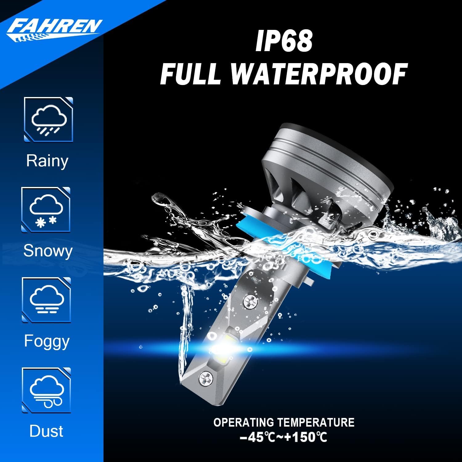 FAHREN H11/H8/H9 Light Bulb, 40000LM, 6500K Cool White, IP68 Waterproof, Pack of 2