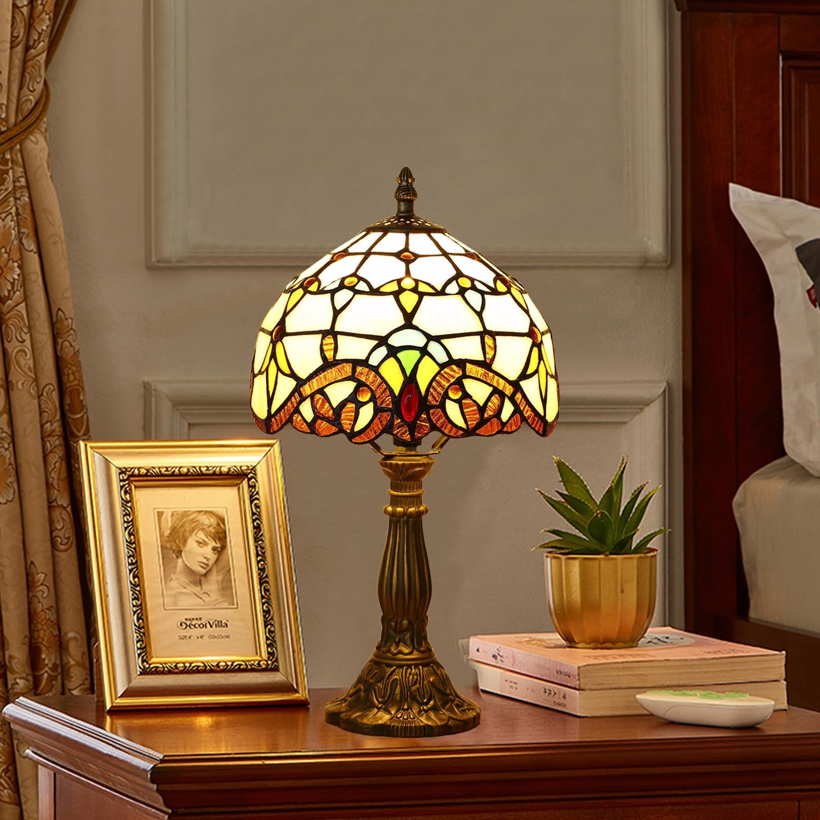 tuomoxte Tiffany Style Table Lamp - Baroque Stained Glass, 8 Inch Small Antique, Yellow, Includes LED Bulb, Model XK015
