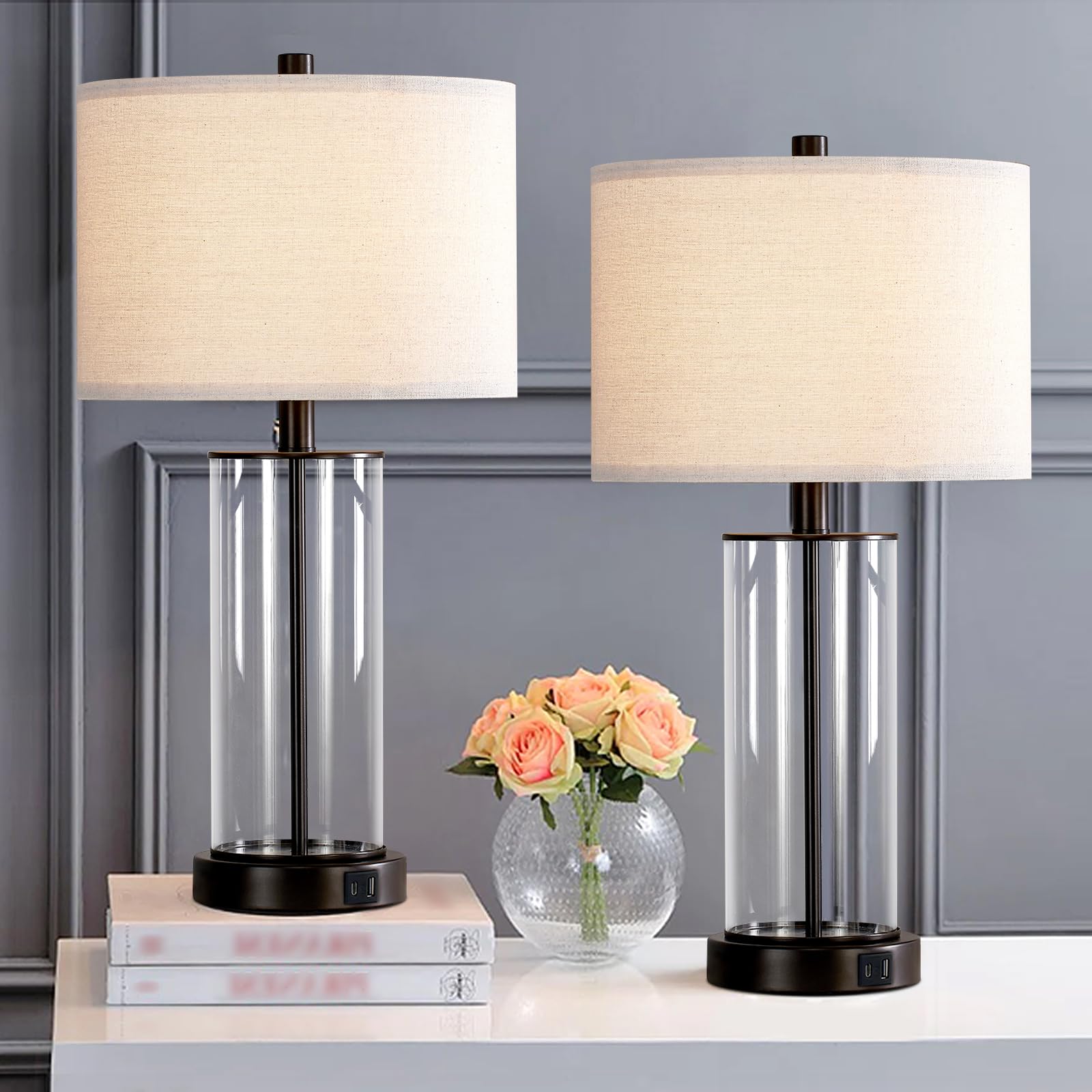 Kyrid Glass Table Lamp Set of 2, 23.5" with USB Ports & AC Outlets, Painted Bronze Finish, Bulbs Included, Model HK21193