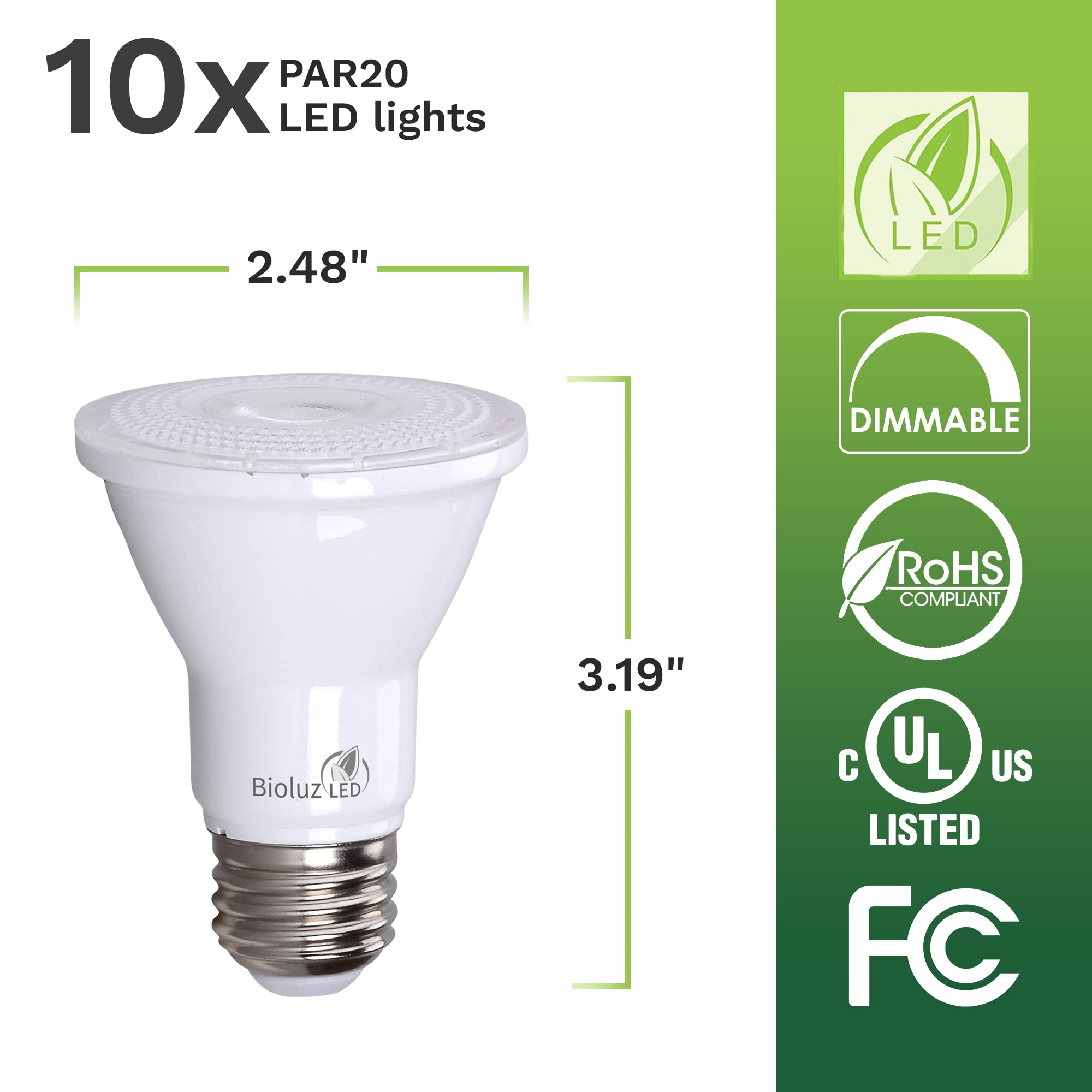 Bioluz LED PAR20 Bulb 10 Pack 90 CRI 5.5W = 75W 5000K Daylight E26 Standard Base UL Listed