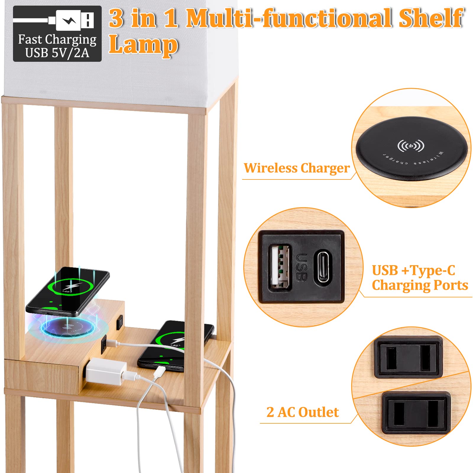 Dott Arts Floor Lamp with Shelves, Wireless Charger & USB Ports, 10.2in Wide, Burlywood, Model WLM1600-FLA-8W-07