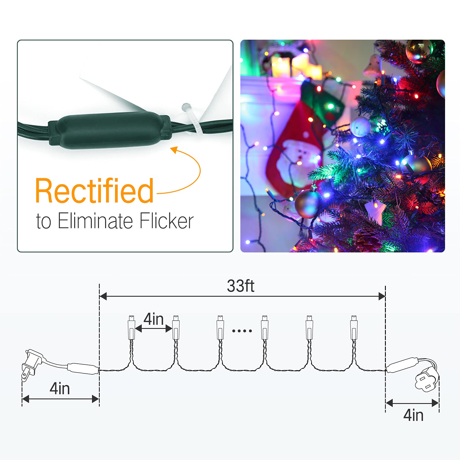 Brizled Multi Color Christmas Lights, 33ft, 100 LED, 5mm Wide Angle, UL Certified, Indoor Outdoor Decor