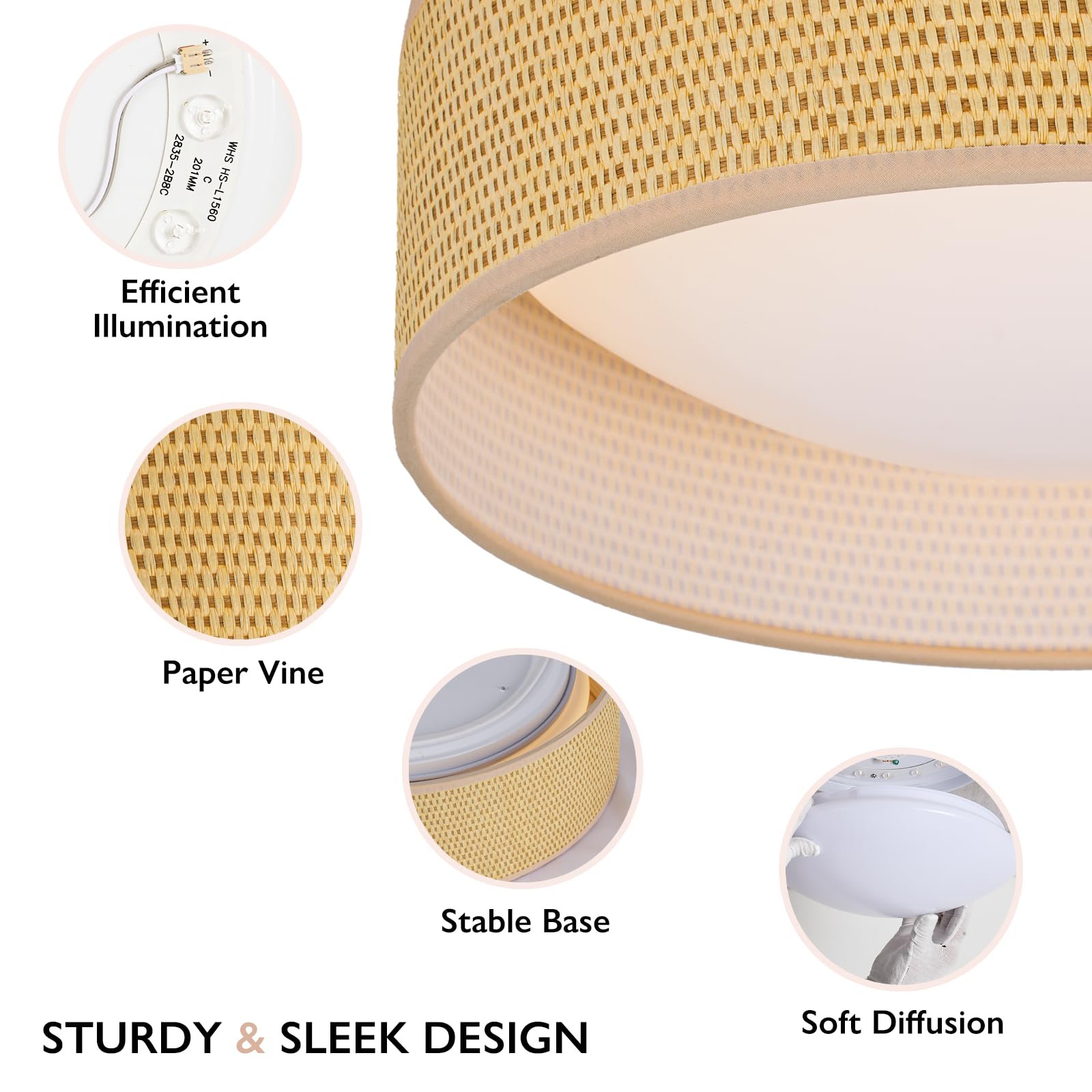 Calokes 13'' Woven Rattan-Style Boho Flush Mount Ceiling Light, Led 24W 3000K Closed To Ceiling Light Fixture With Classic Linen