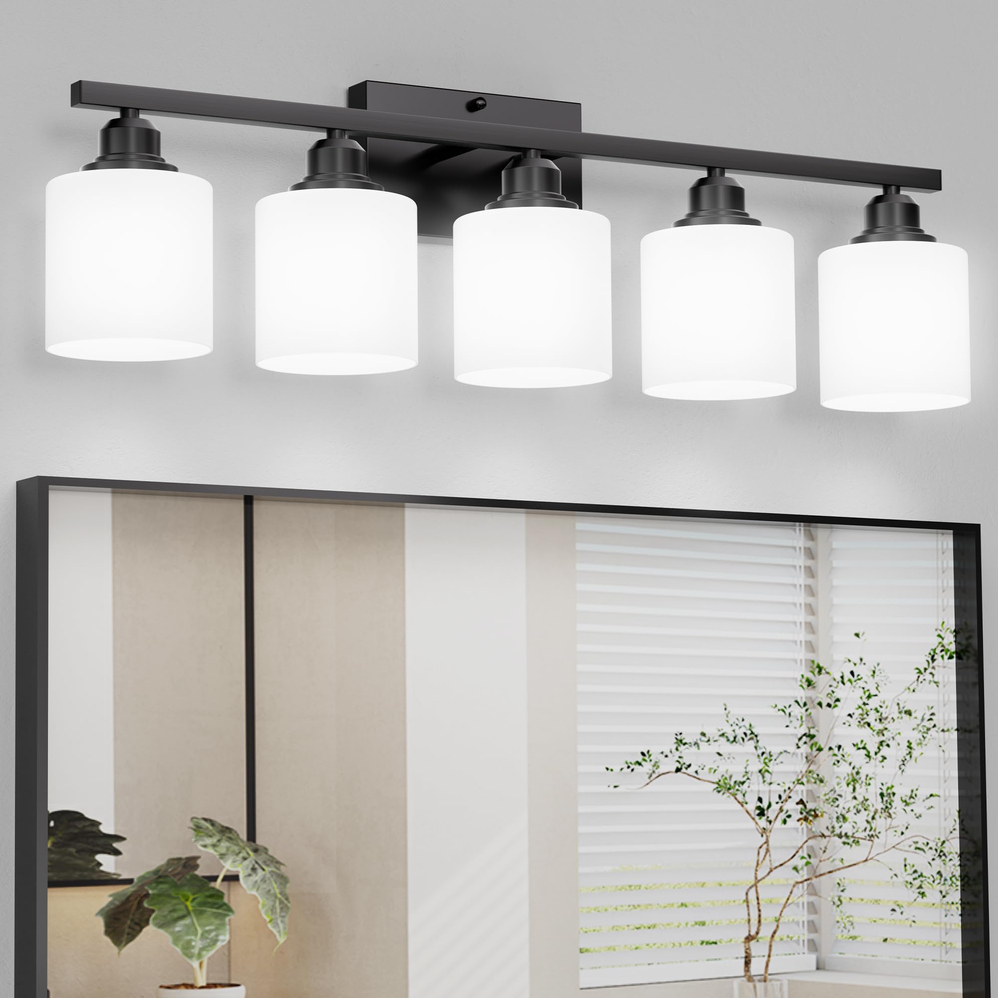 Sailstar 5-Light Bathroom Light Fixtures, Matte Black, Glass Shade, Model CP-JQD-H-001