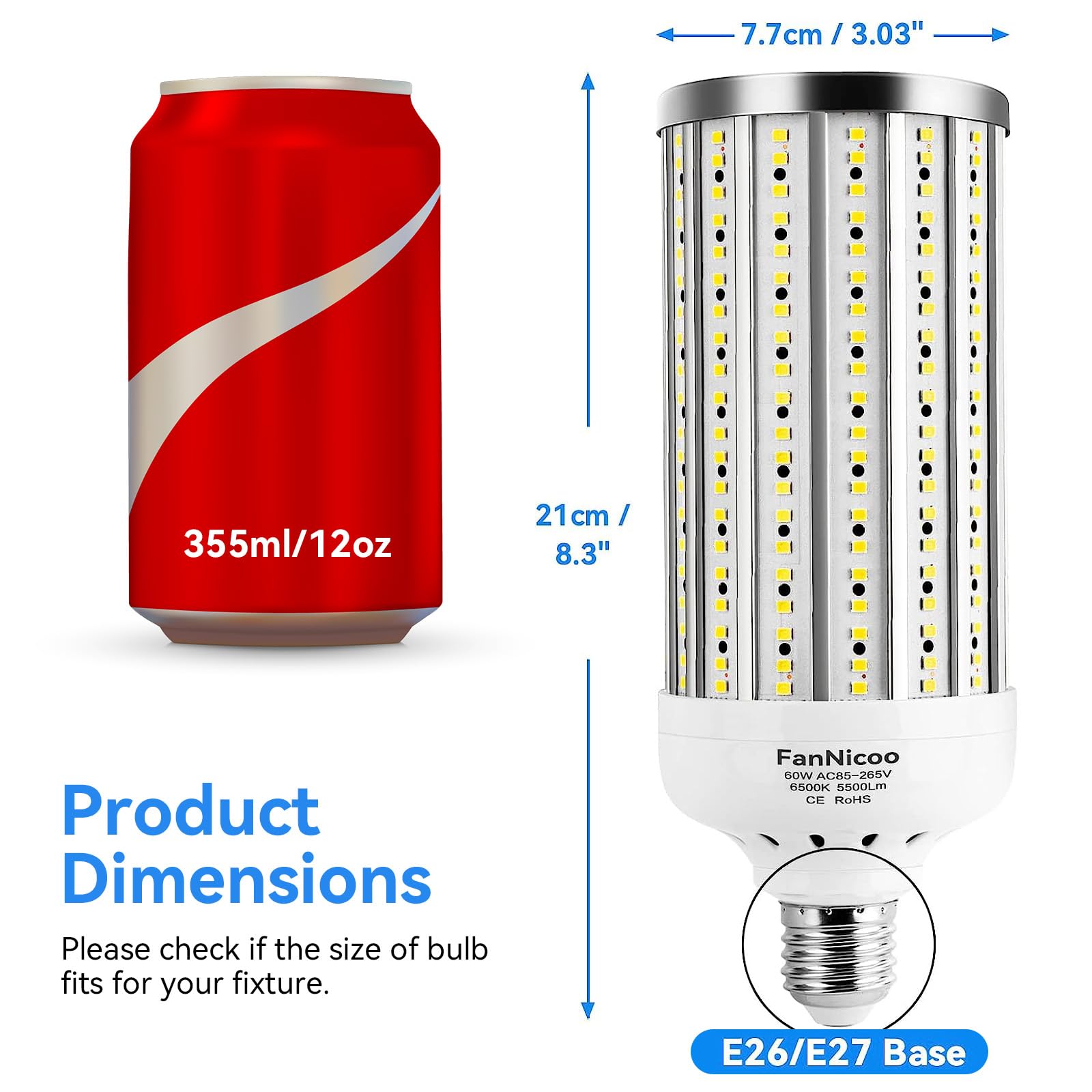 Fannicoo 2 Pack 500W Equivalent Led Corn Light Bulb 5500 Lumen 6500K 60W Large Area Cool Daylight White E26/E27 Medium Base For