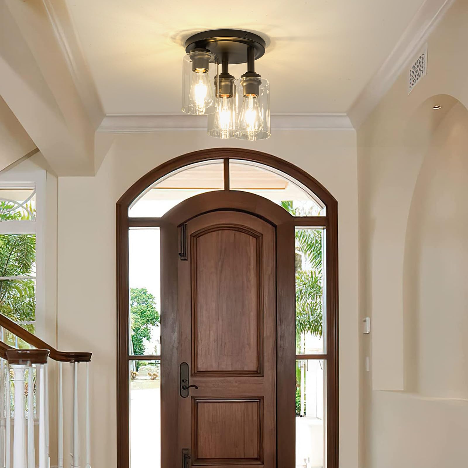 Mayful Semi Flush Mount Ceiling Light, 3-Light Black Metal Fixture, Clear Glass Shade, Model CL-50246-3X, Ideal for Kitchen & Hallway
