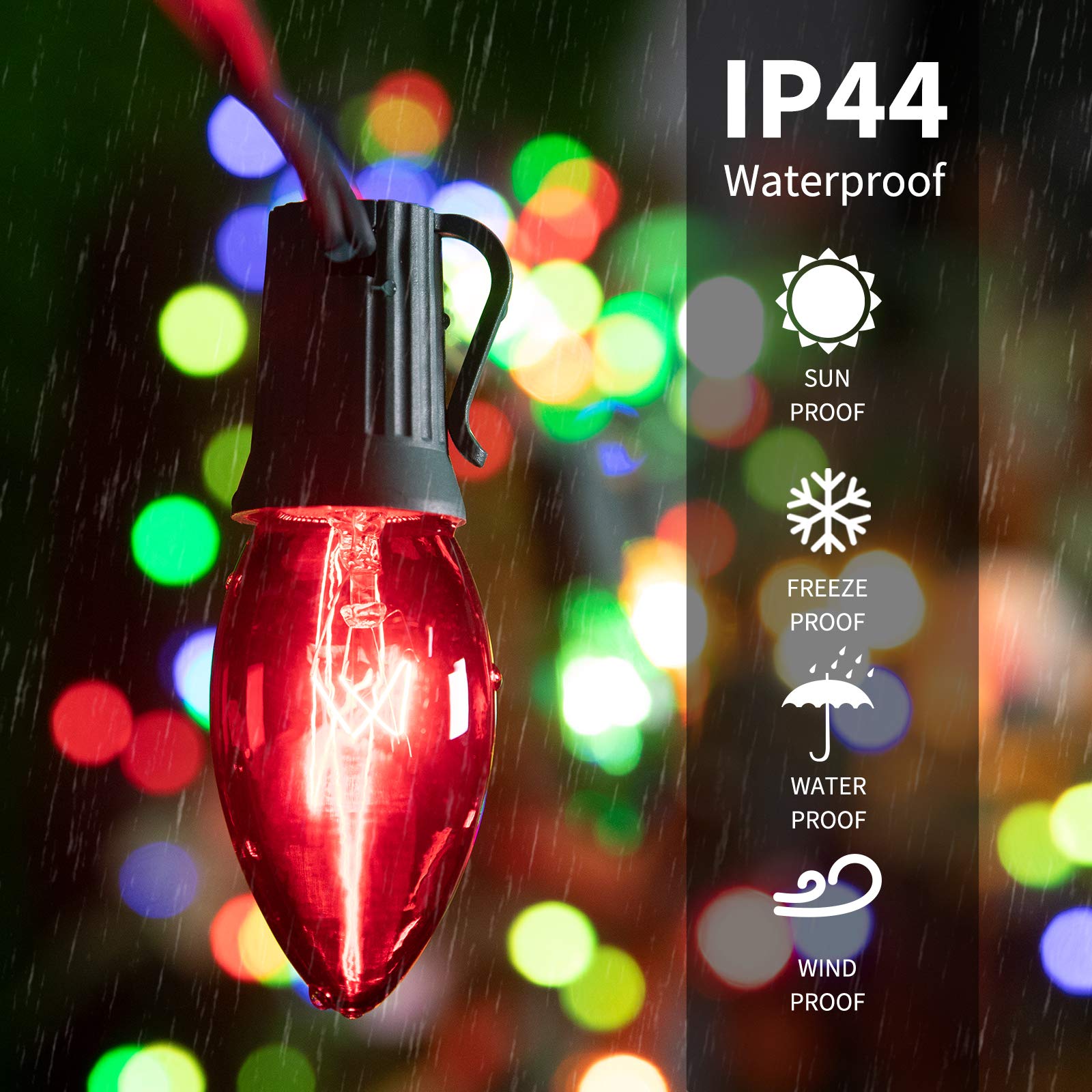 Minetom C9 Bulb String Lights 100FT Multicolor Green Wire E17 Base 100+4 Bulbs Outdoor Christmas Decoration