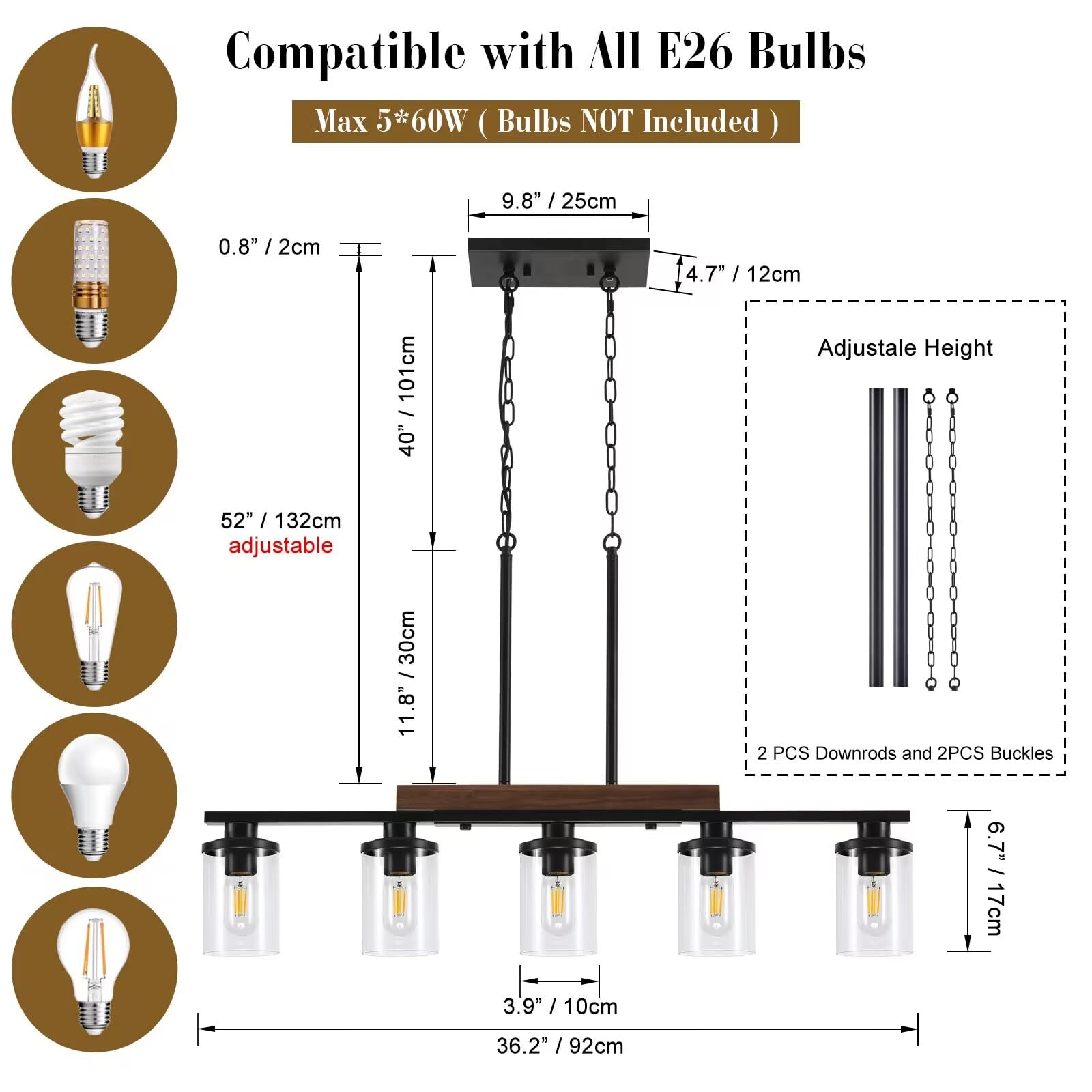 Kitchen Island Lighting,5-Light Dining Room Light Fixture/Chandelier Over Table,Black Modern Rustic Wood Ceiling Pendant Light F