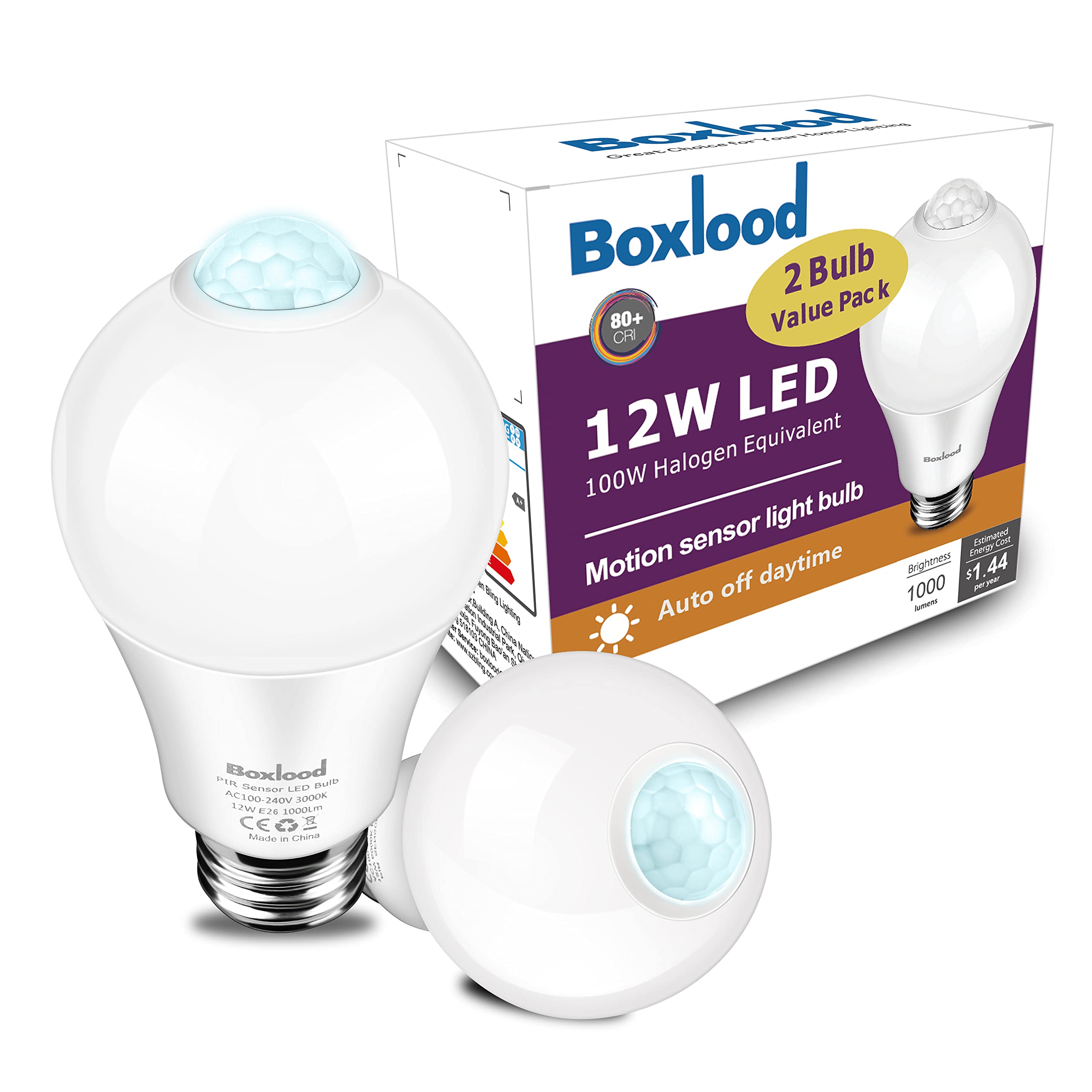 Boxlood Motion Sensor LED Light Bulb, 12W, 1000LM, A19, E26, Warm White, 2 Pack, Model QP6012SA