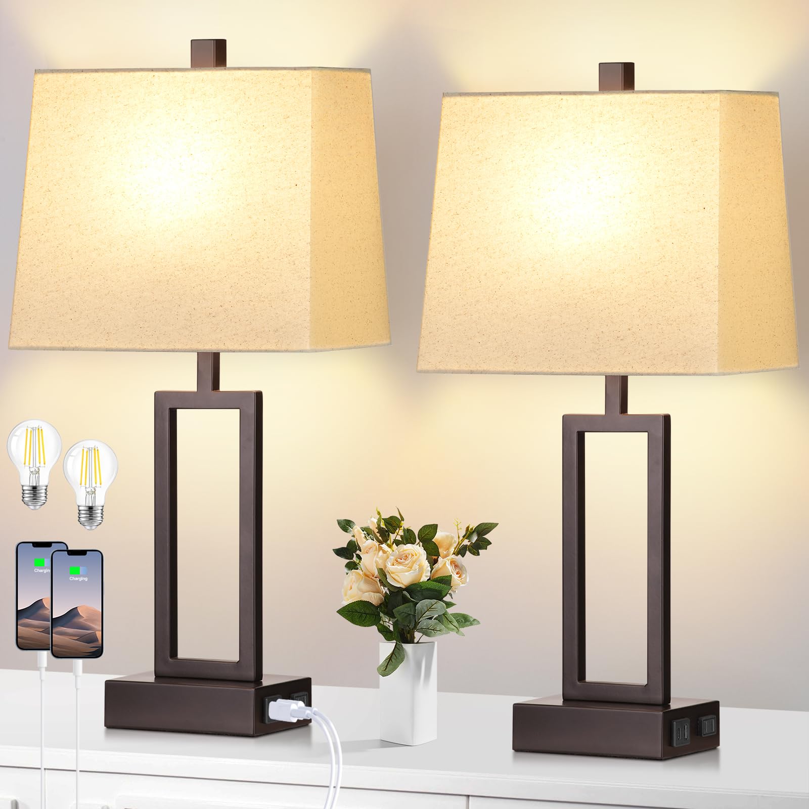 Lolikit 23.5'' Touch Control Table Lamps, Metal Bedside Lamp For Bedroom Set Of 2 With Usb A+C Ports & Ac Outlet, 3-Way Dimmable