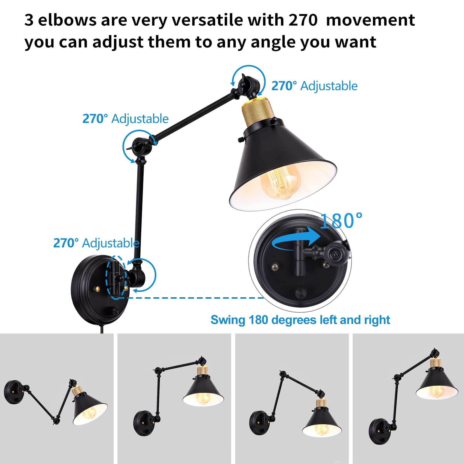 TRLIFE Dimmable Wall Sconce, Swing Arm Light, Metal, Black, E26 Base, 1 Pack, UL Listed, Two-Arms
